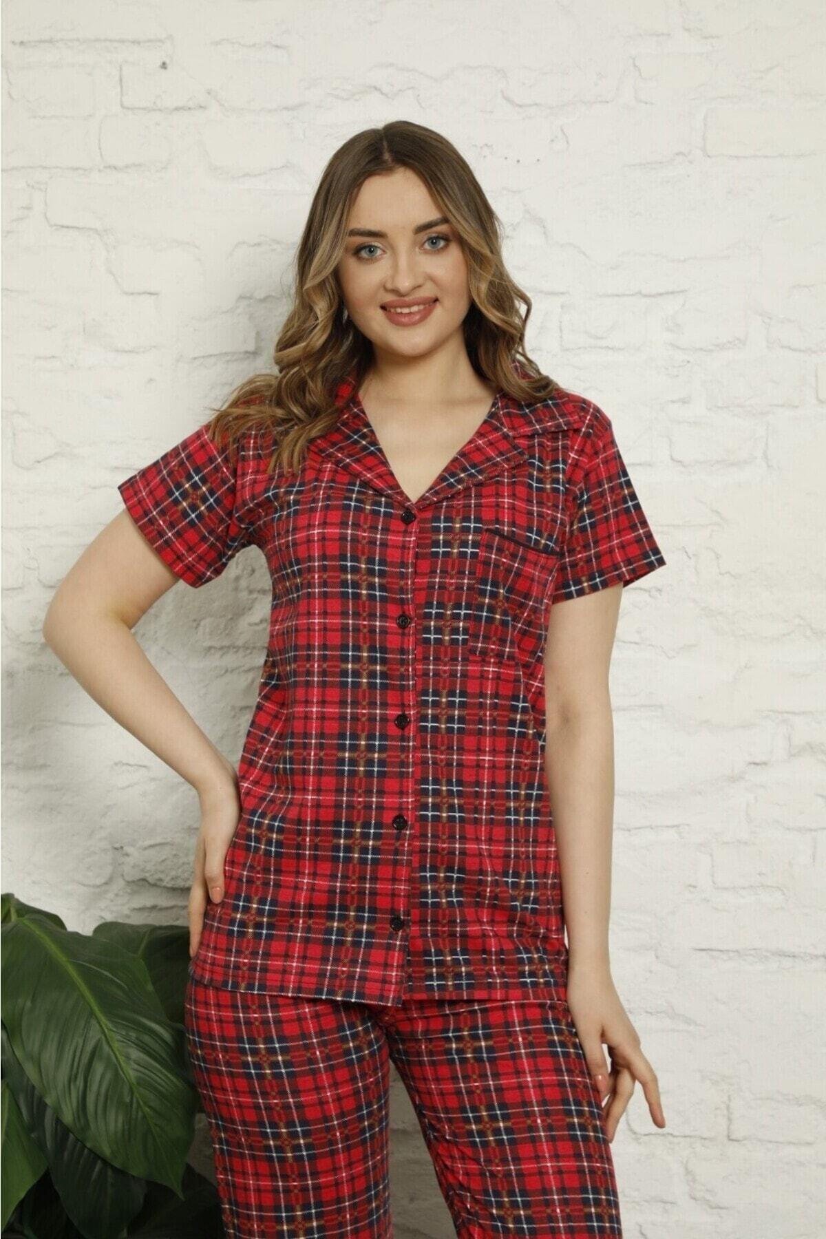 Koyu Kırmızı Rengi Önden Düğmeli Pötikareli Pijama Takımı