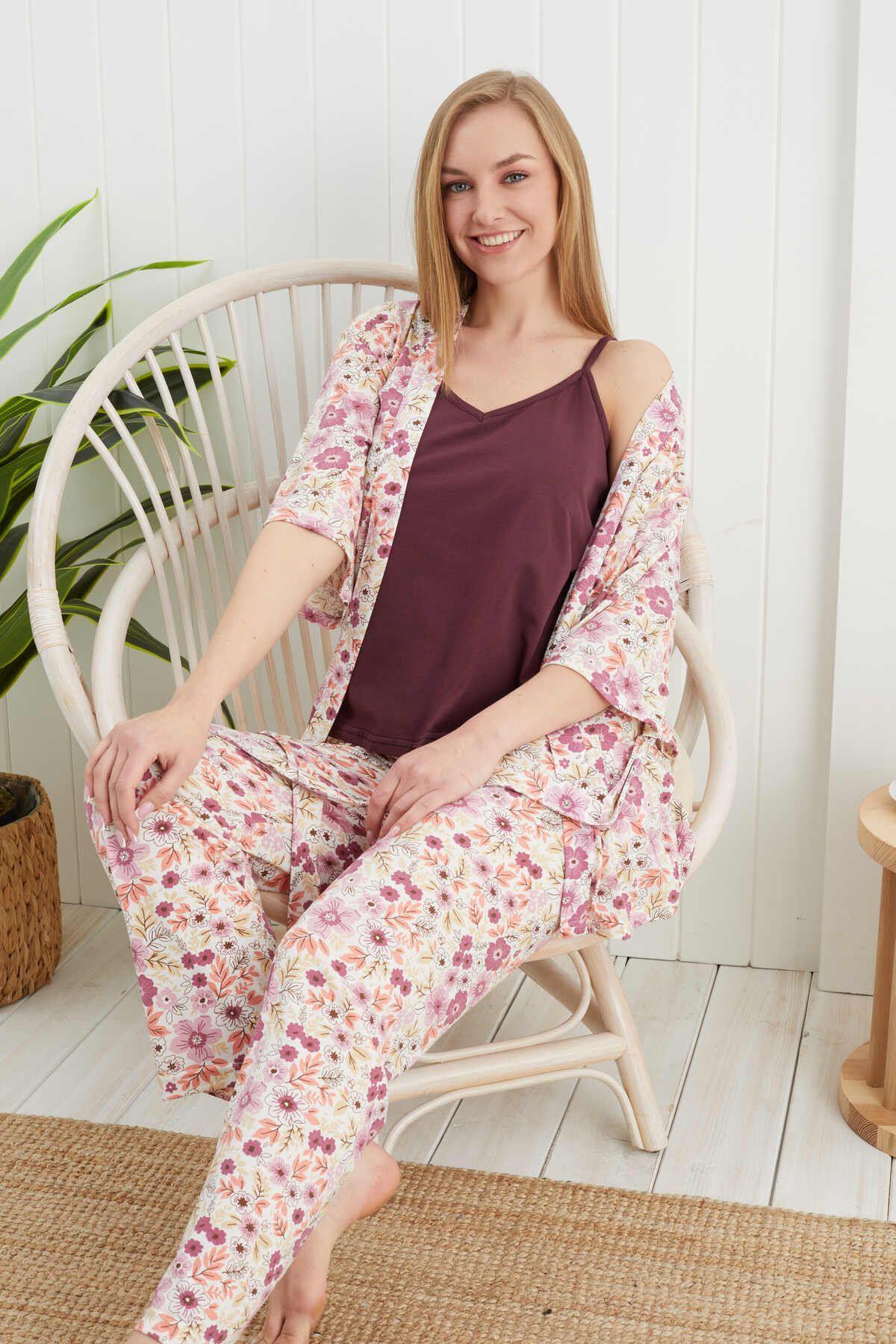 Krem Renkli Küçük Çiçek Baskılı 3 lü Sabahlıklı Pijama Takımı
