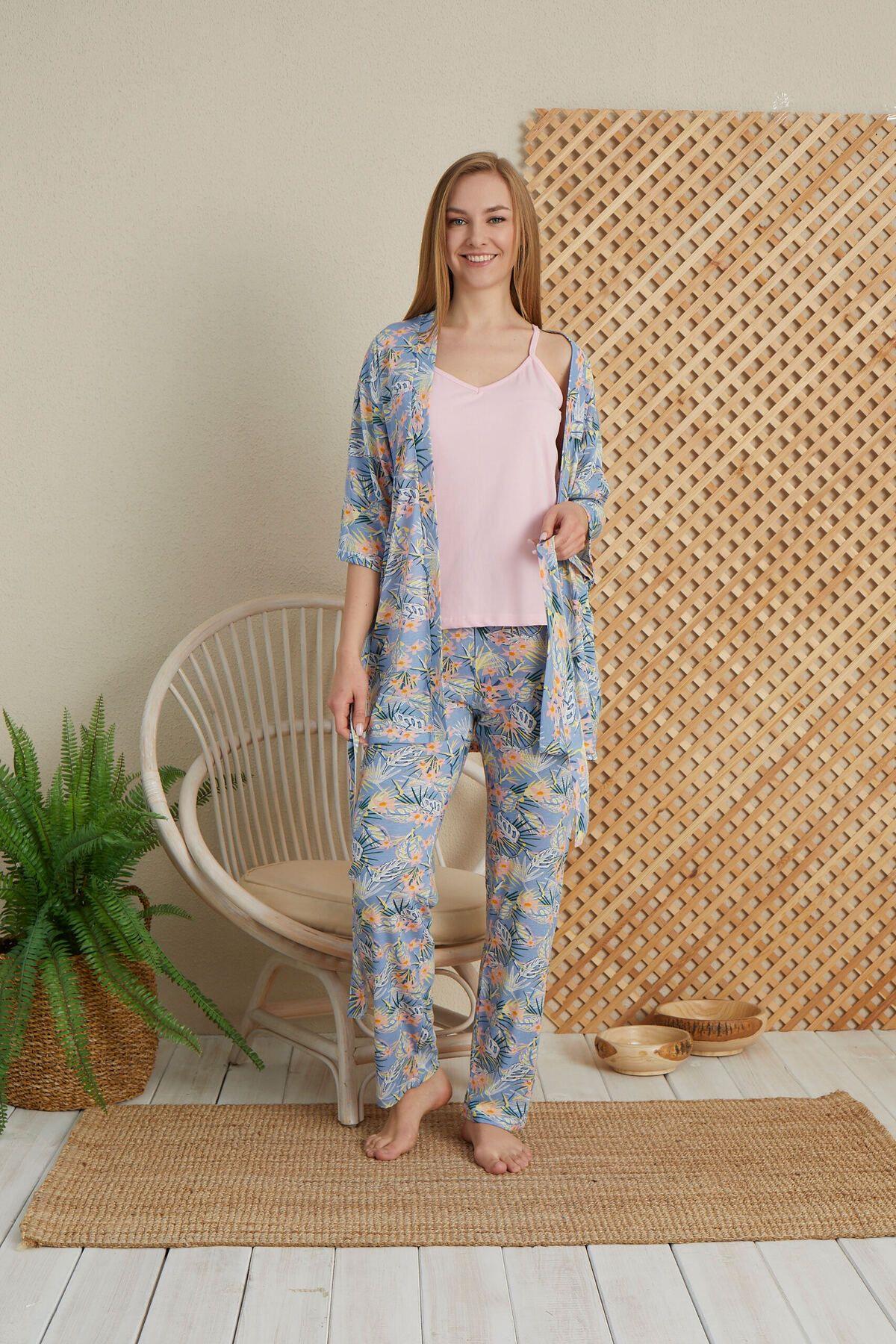 Mavi Renkli Pudra Çiçek Baskılı 3 lü Sabahlıklı Pijama Takımı