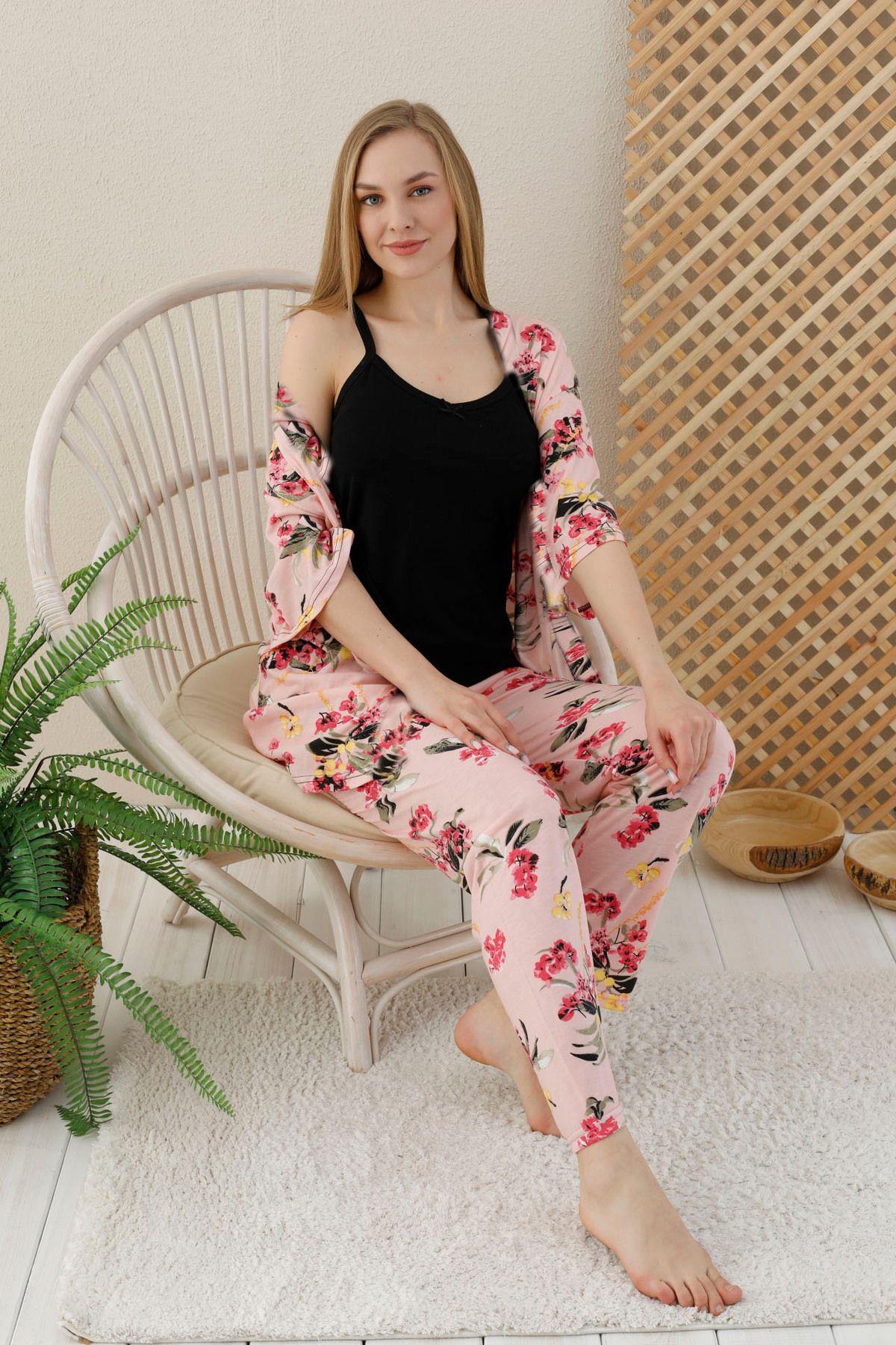 Pembe Renkli Çiçek Baskılı 3 lü Sabahlıklı Pijama Takımı