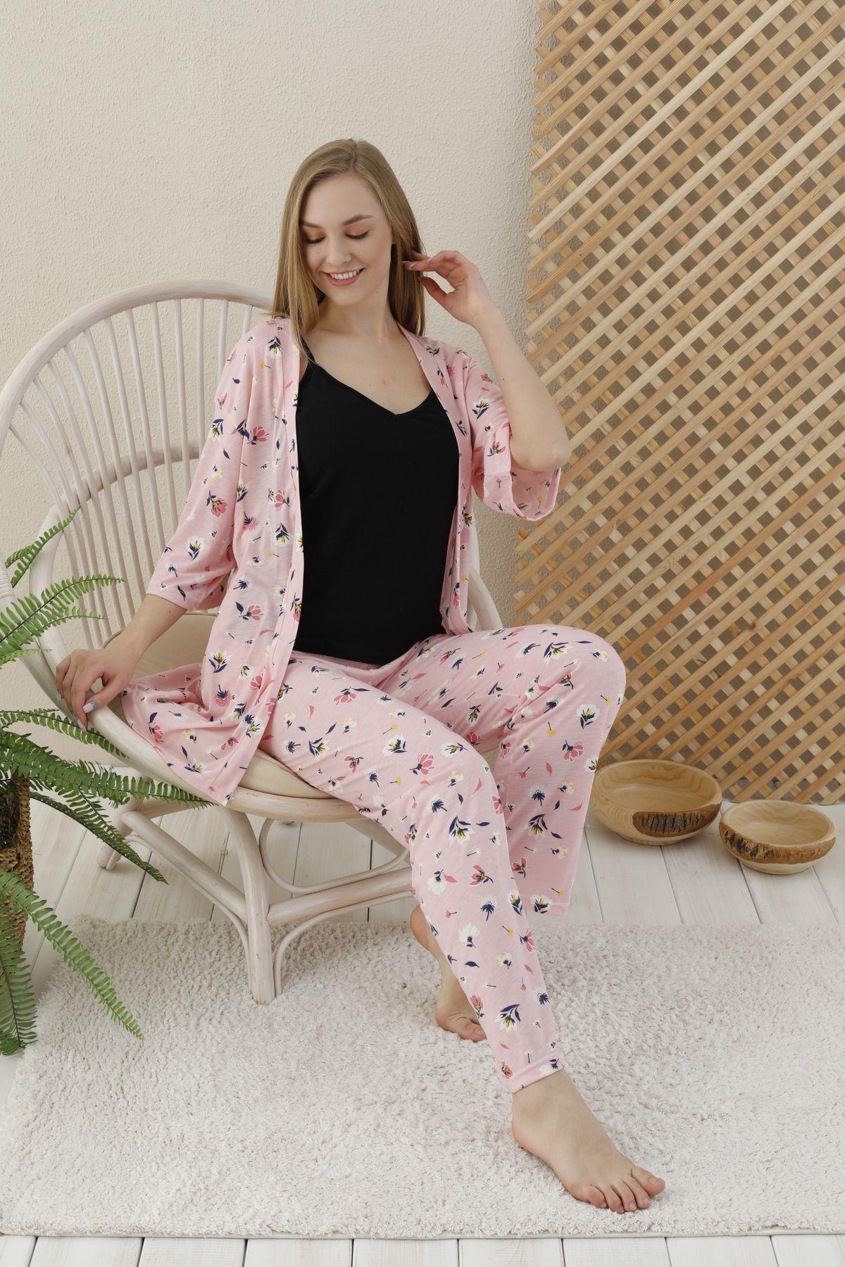 Pembe Renkli Küçük Çiçek Baskılı 3 lü Sabahlıklı Pijama Takımı