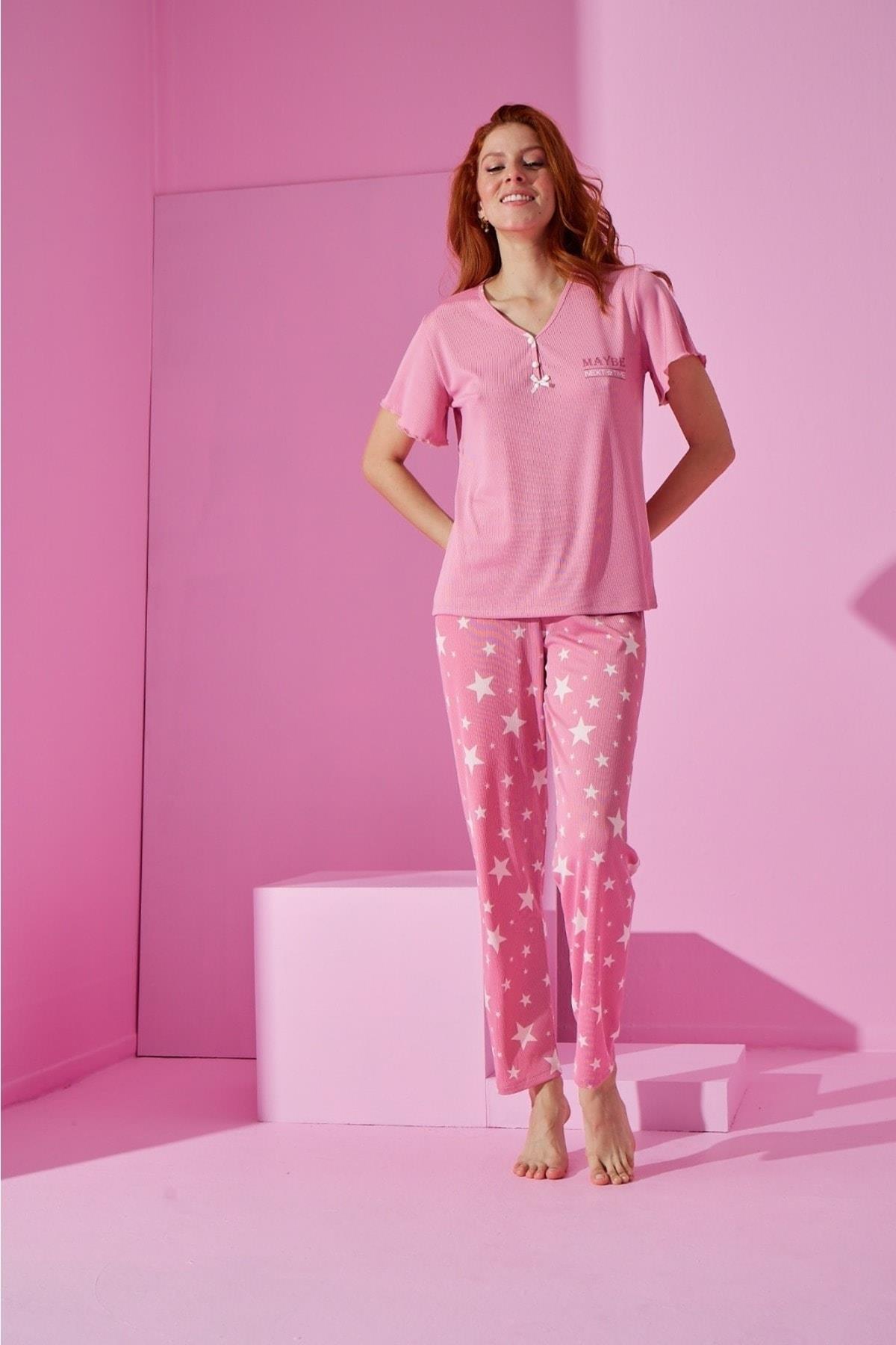 Pudra Rengi Yıldız Baskılı Pijama Takımı
