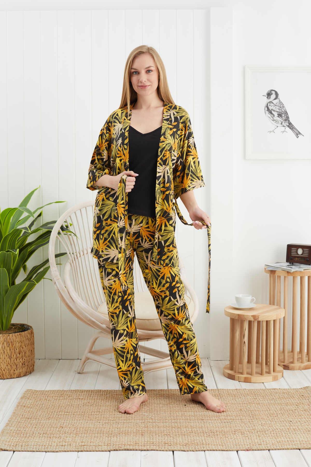 Siyah Renkli Sarı Yaprak Baskılı 3 lü sabahlıklı Pijama Takımı