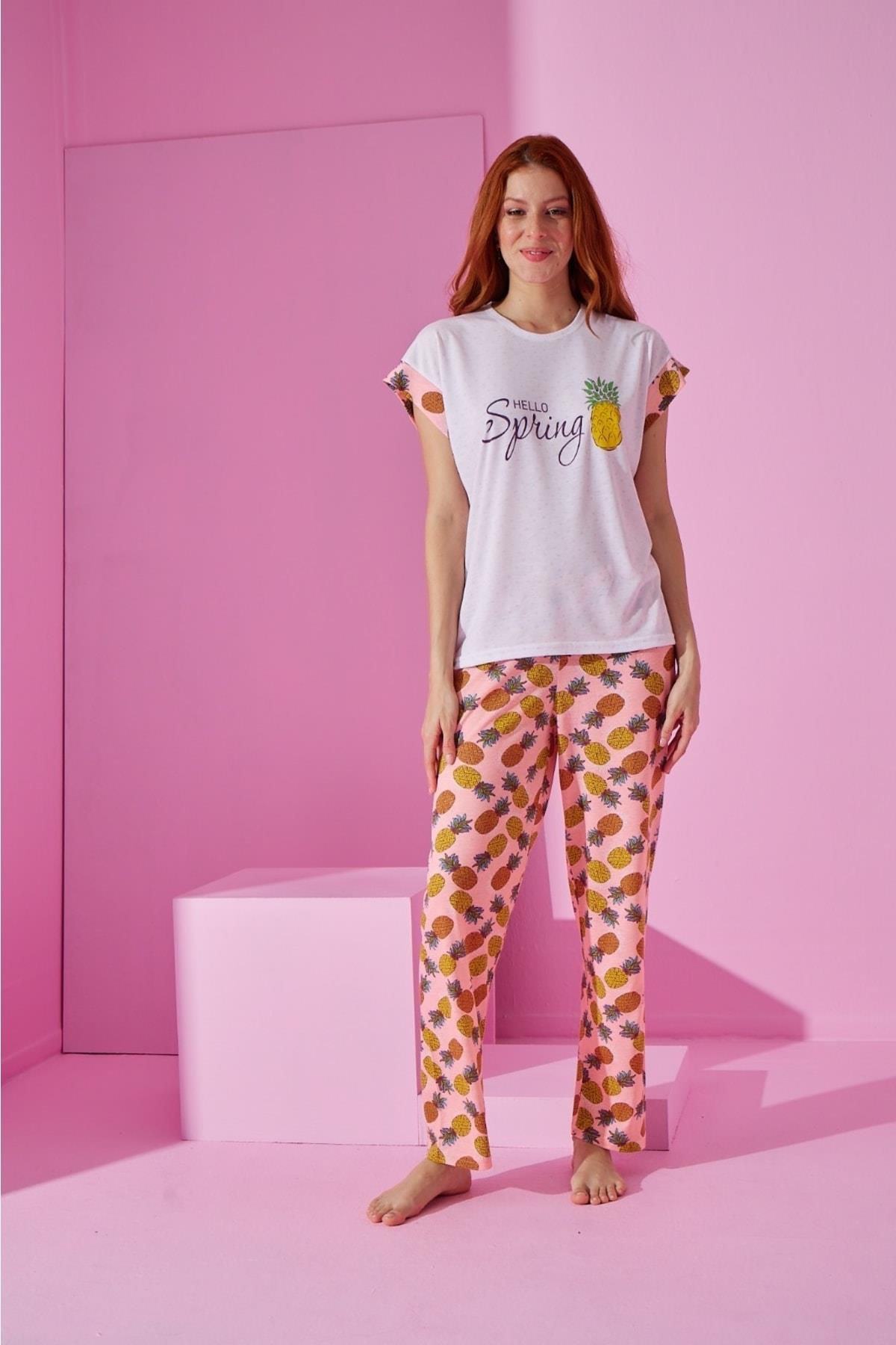 Somon Rengi Ananas Desenli Pijama Takımı