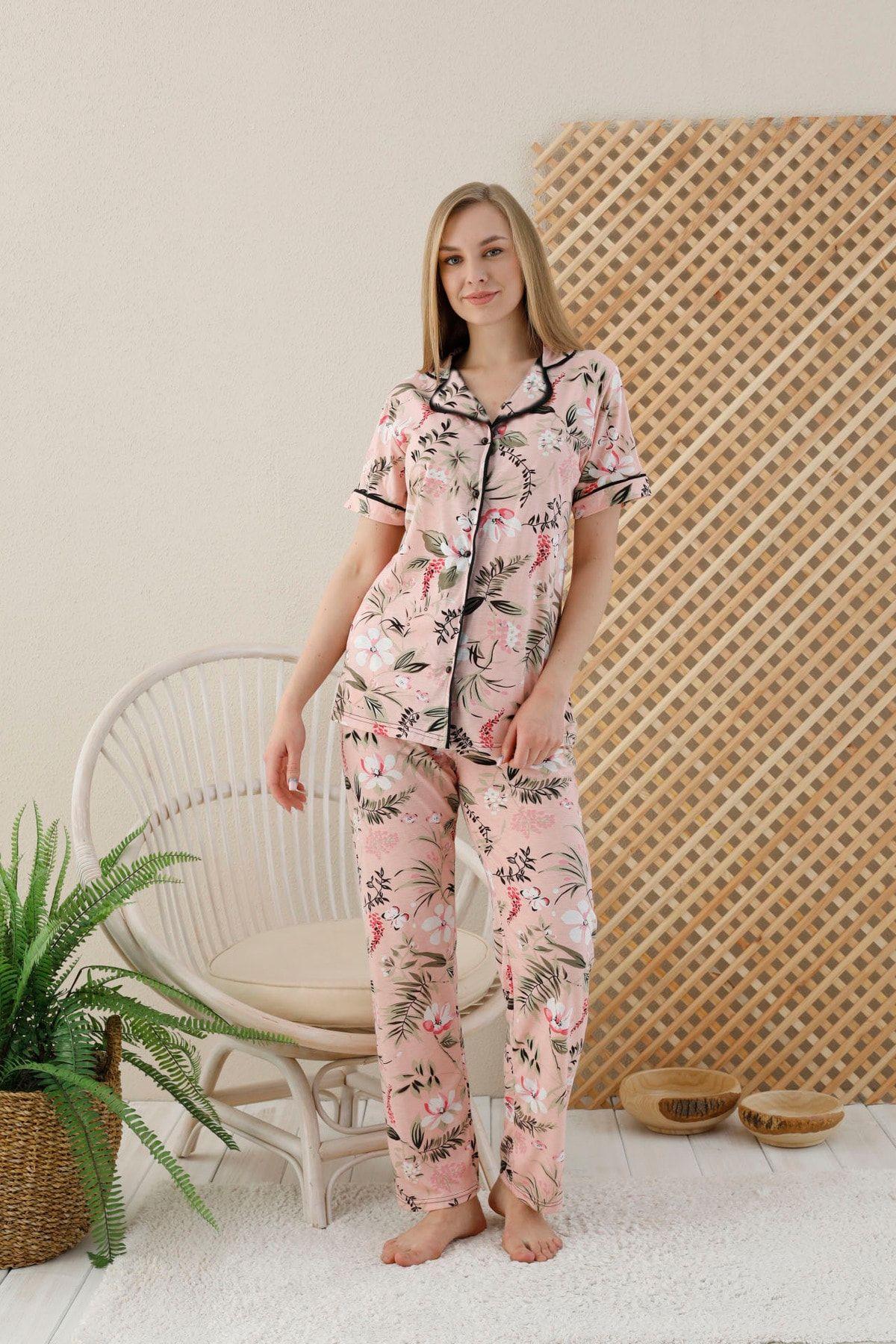 Somon Renginde Renkli Çiçek Baskılı Önden Düğmeli Pijama Takımı