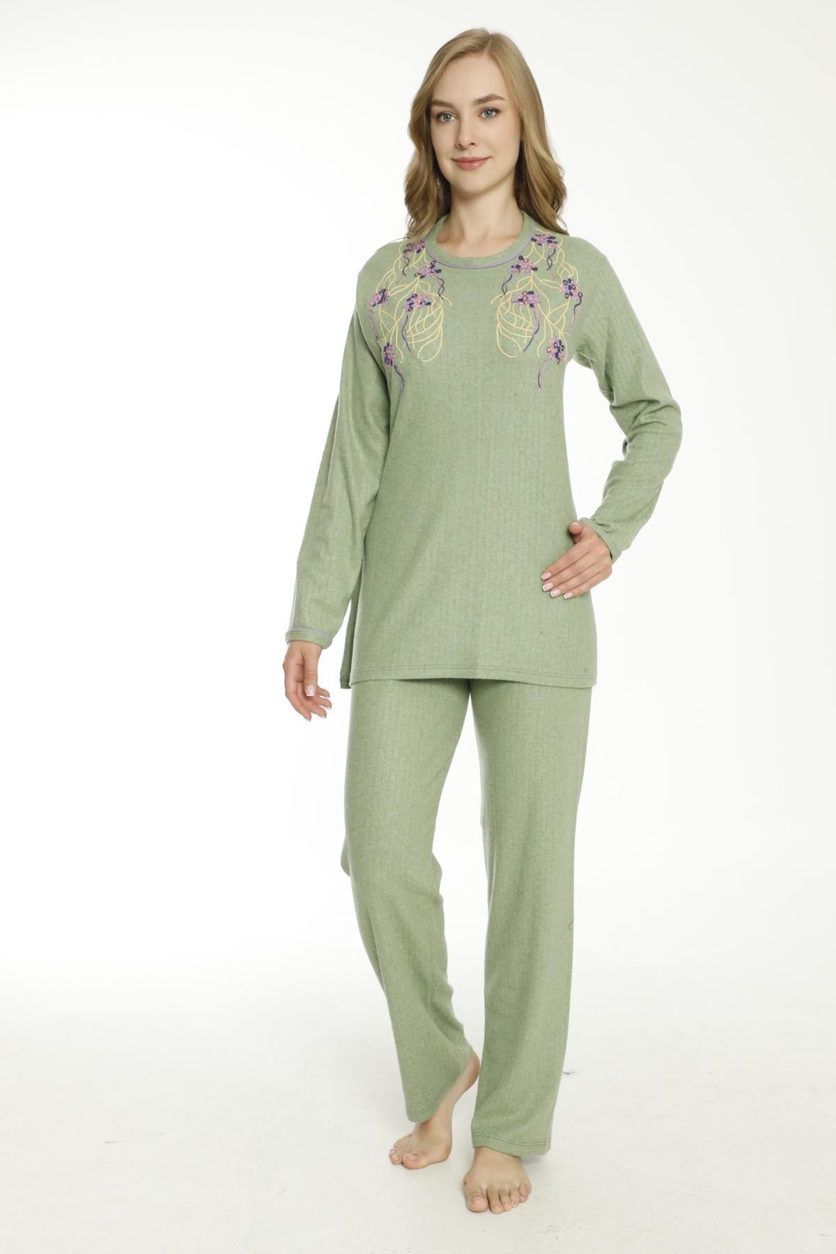 Yeşiil Renginde Çiçek Nakışlı Uzun Kollu Kadın Pijama Takımı