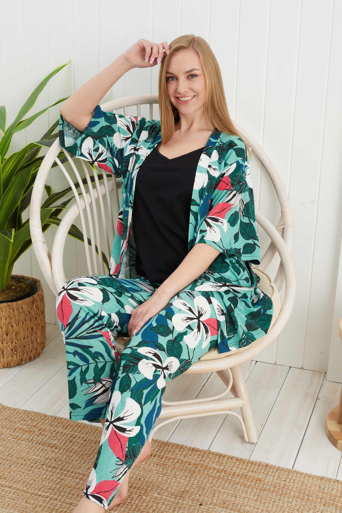 Yeşil Renkli Büyük Çiçek Baskılı 3 lü Sabahlıklı Pijama Takımı