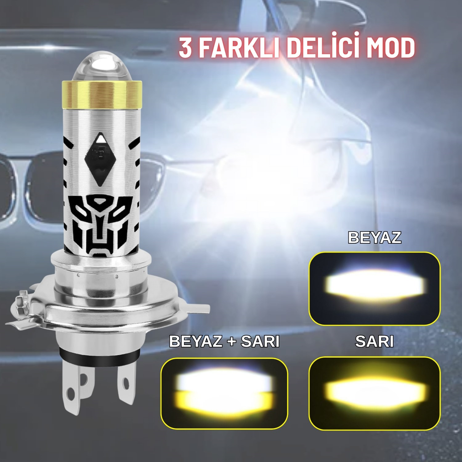  H4 Uzun Kısa LED Far Ampul ve LED Işık 12V 6000K Beyaz Amber 1 ADET Yüksek Performanslı 8W/800LM