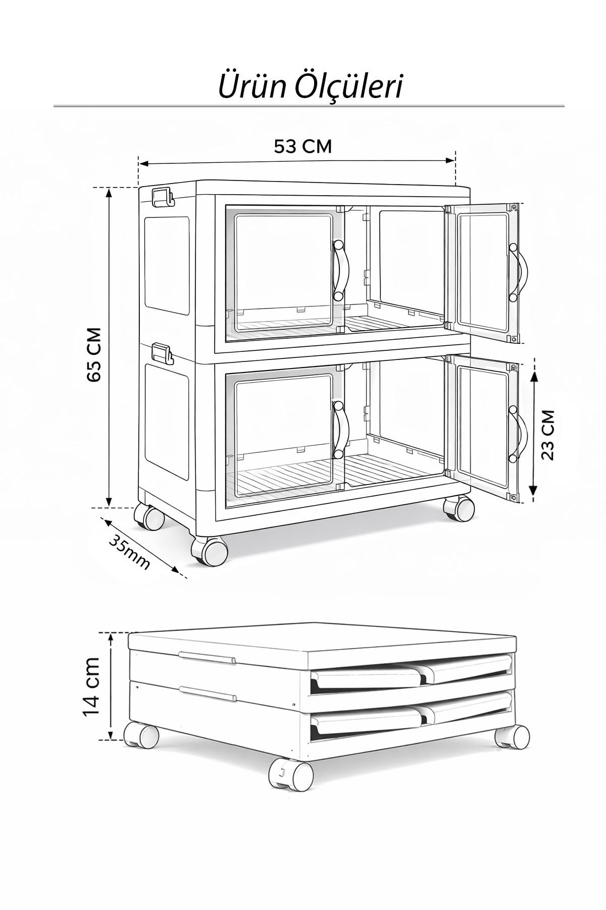 2 Katlı Katlanabilir Modüler Saklama Kutusu Şeffaf Kapaklı Çok Amaçlı Düzenleyici Portatif Dolap