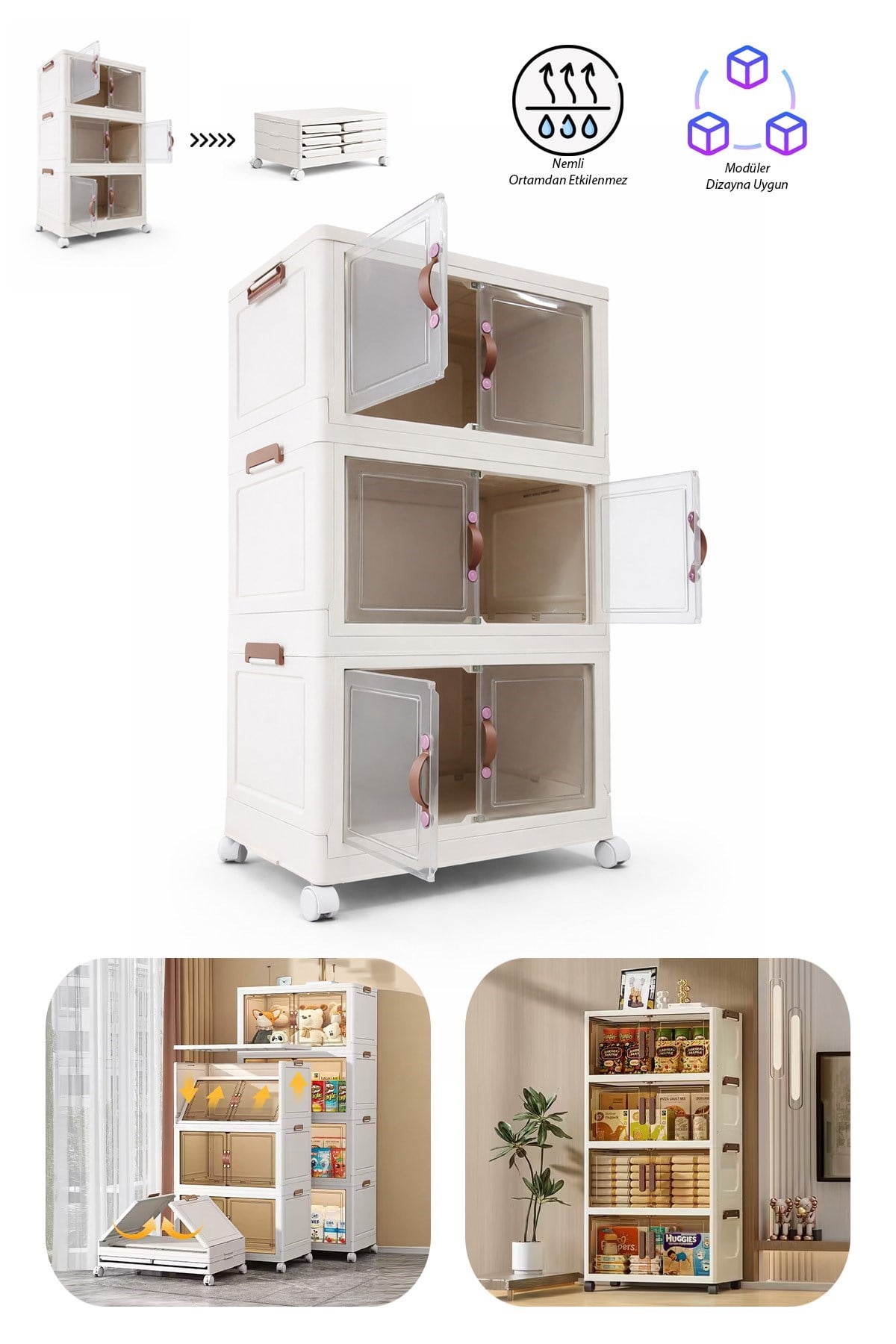 3 Katlı Katlanabilir Modüler Saklama Kutusu Şeffaf Kapaklı Çok Amaçlı Düzenleyici Portatif Dolap