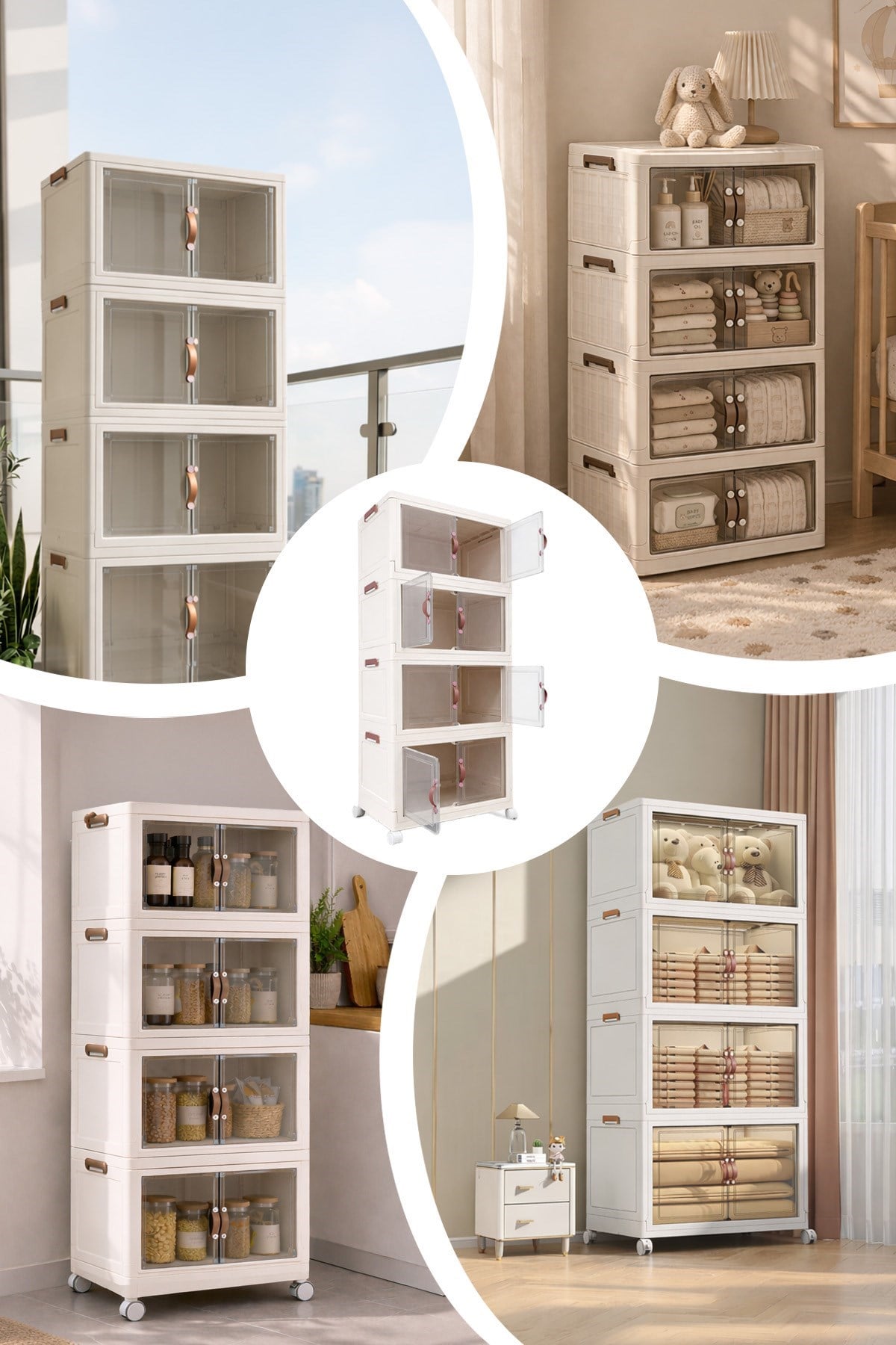 4 Katlı Katlanabilir Modüler Saklama Kutusu Şeffaf Kapaklı Çok Amaçlı Düzenleyici Portatif Dolap