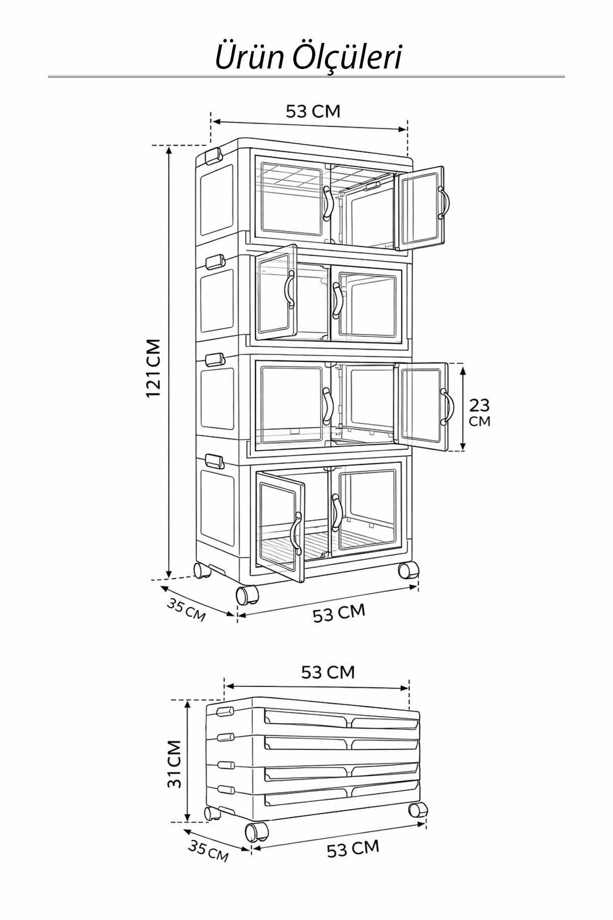 4 Katlı Katlanabilir Modüler Saklama Kutusu Şeffaf Kapaklı Çok Amaçlı Düzenleyici Portatif Dolap