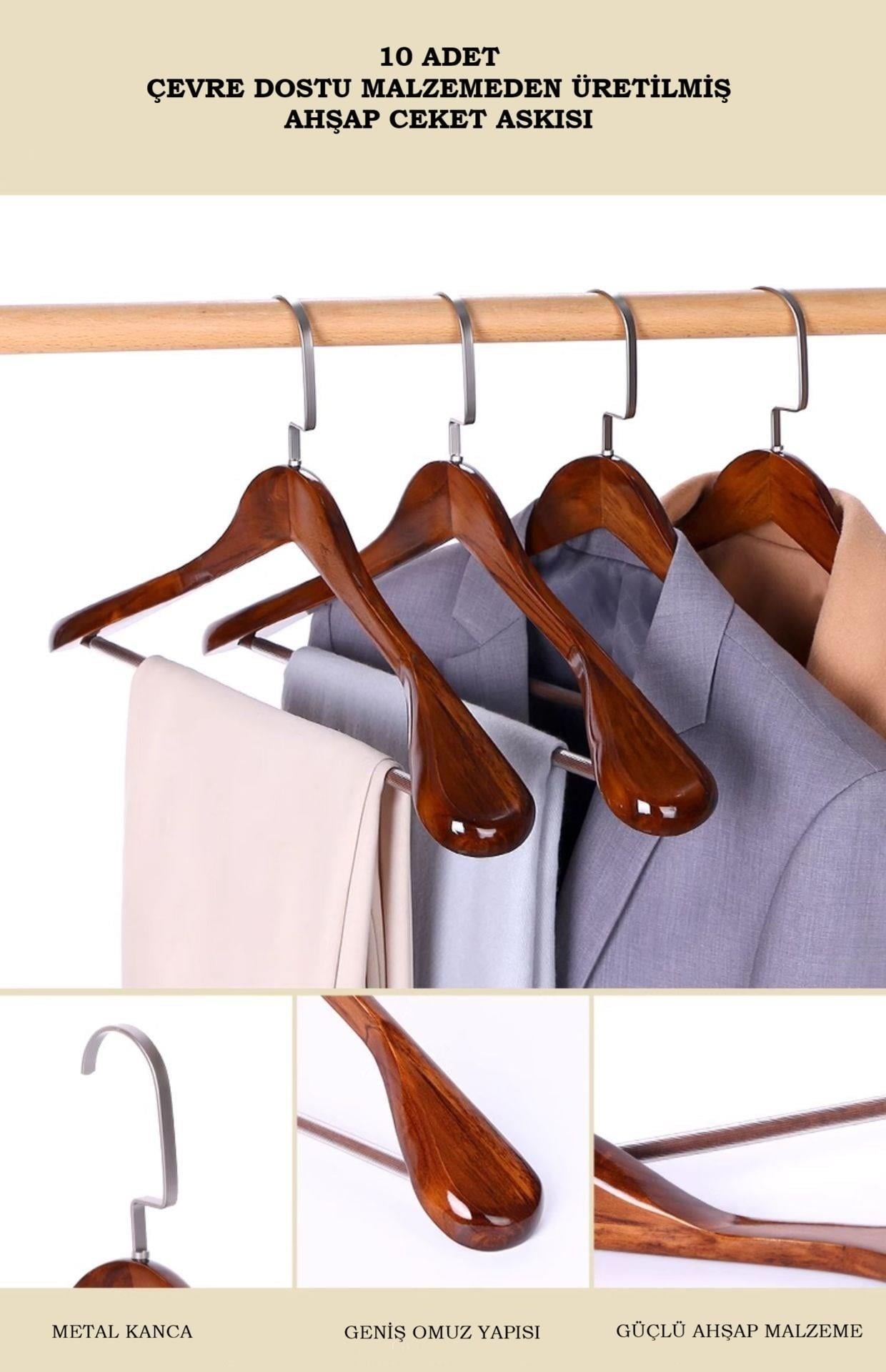 Ahşap Ceket Ve Takım Elbise Askısı 10 ADET Geniş Omuzlu Premium Kalite Ağaç Askı  