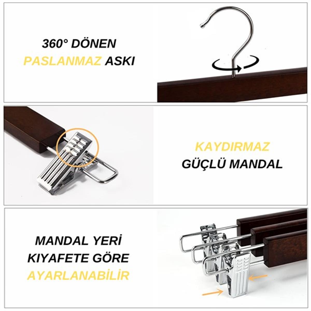 Ahşap Etek Pantolon Askısı Mandallı Lüks Elbise Askılık Vernikli AHŞAP 50 Adet