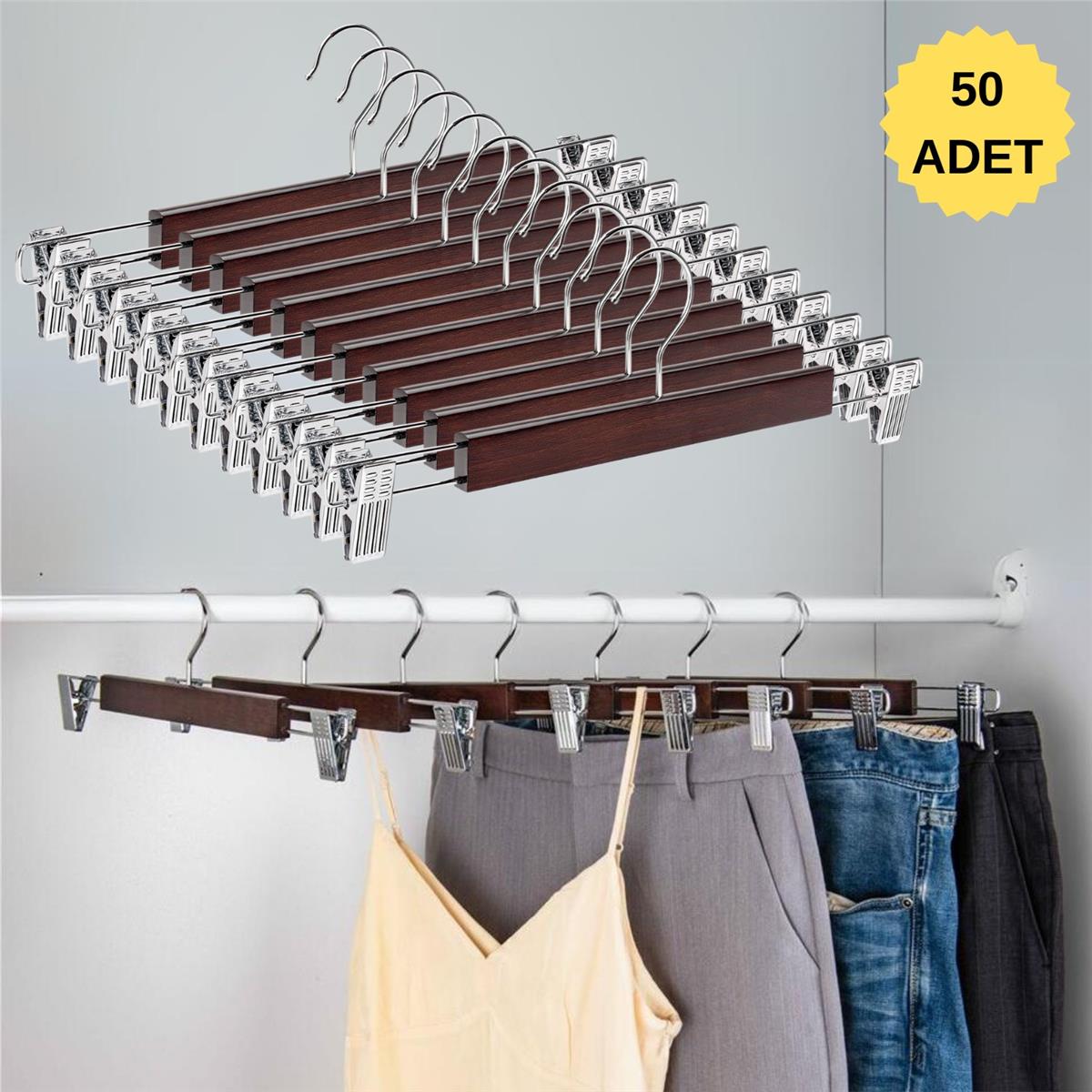 Ahşap Etek Pantolon Askısı Mandallı Lüks Elbise Askılık Vernikli AHŞAP 50 Adet