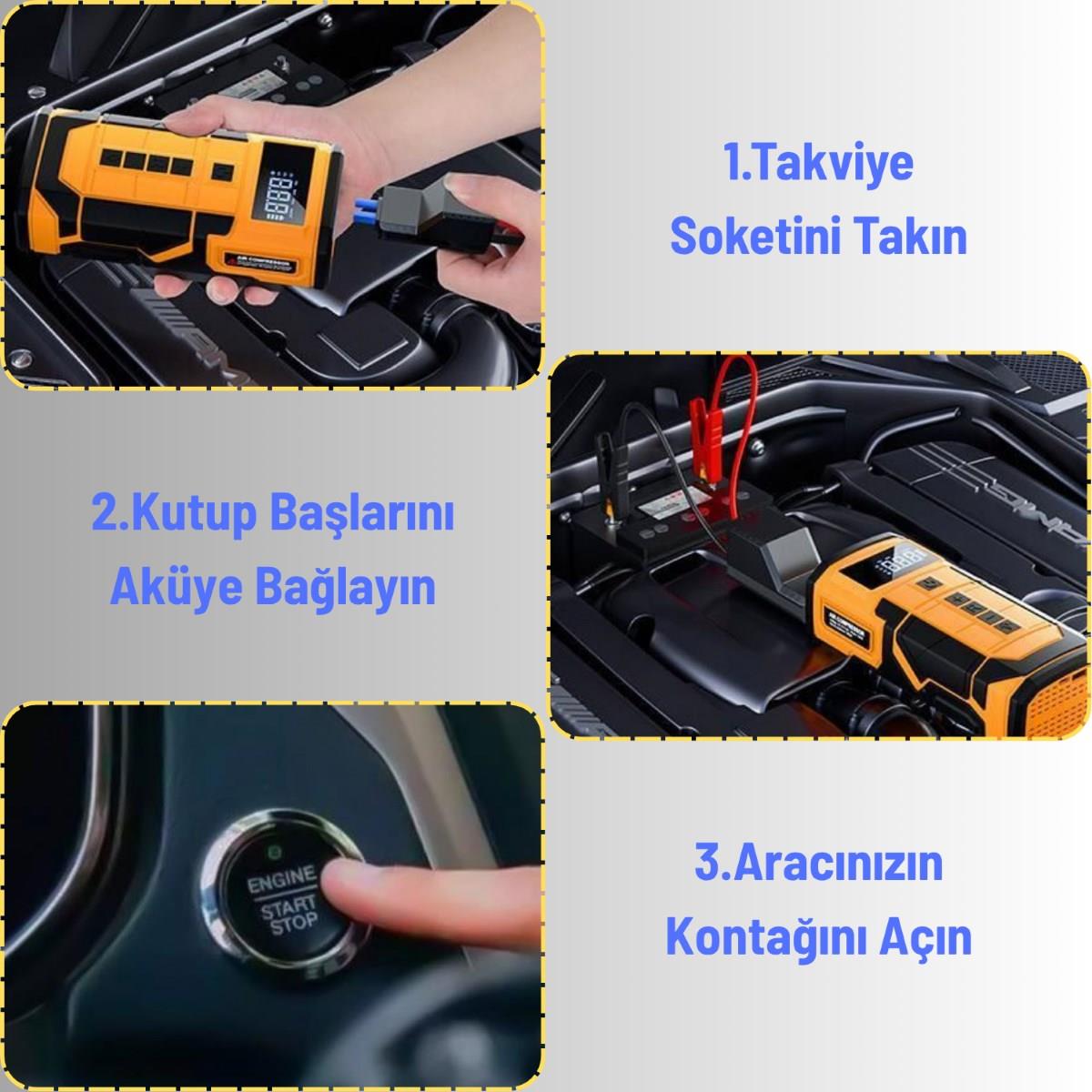 Akü Takviye Cihazı Şarjlı Taşınabilir Lastik Şişirme Pompası İkaz LED Powerbank Bisiklet Top Şişirme