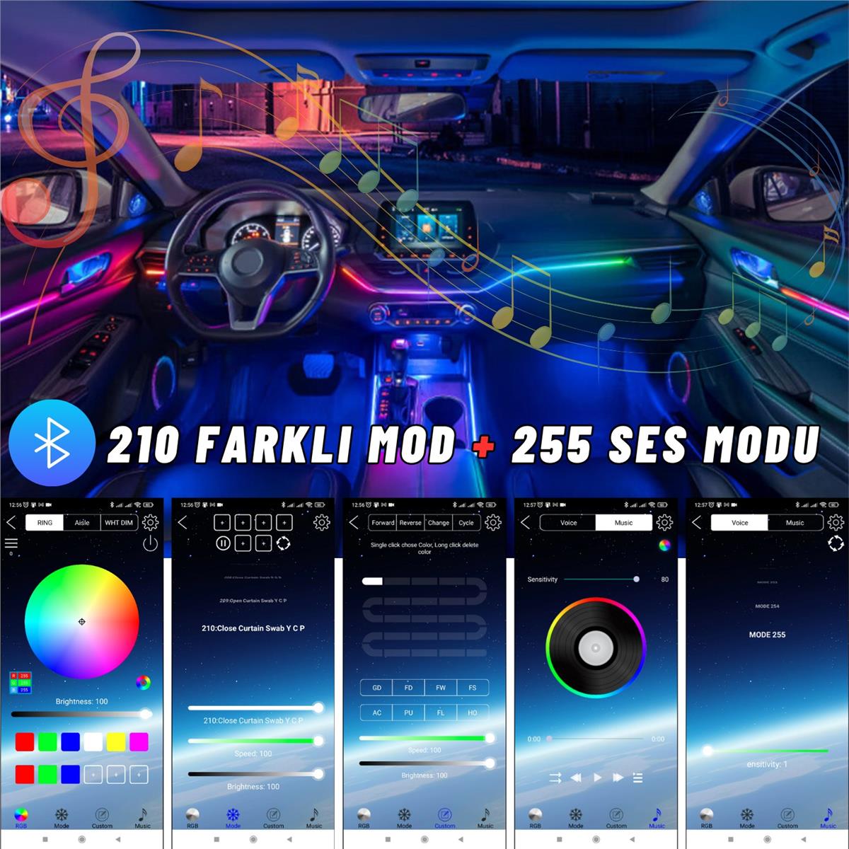 Araç İçi Torpido Atmosfer Ambiyans RGB Neon Kayar LED Şerit 465 Modlu Set Bluetooth APP Kontrollü