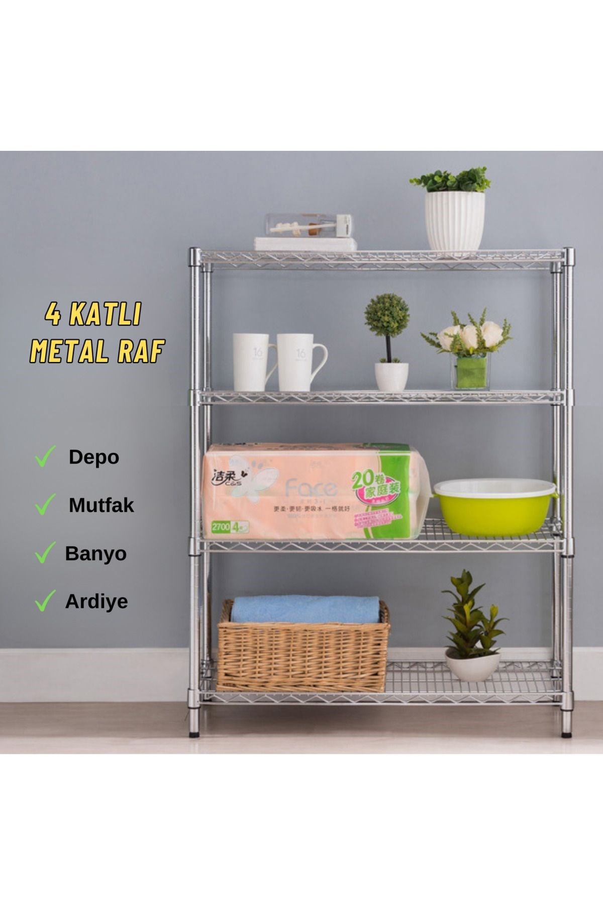 Ayarlanabilir 4 Katlı Depo Rafı 152x53x183 Cm Kiler Mutfak Balkon Çiçeklik Çelik Tel Raf