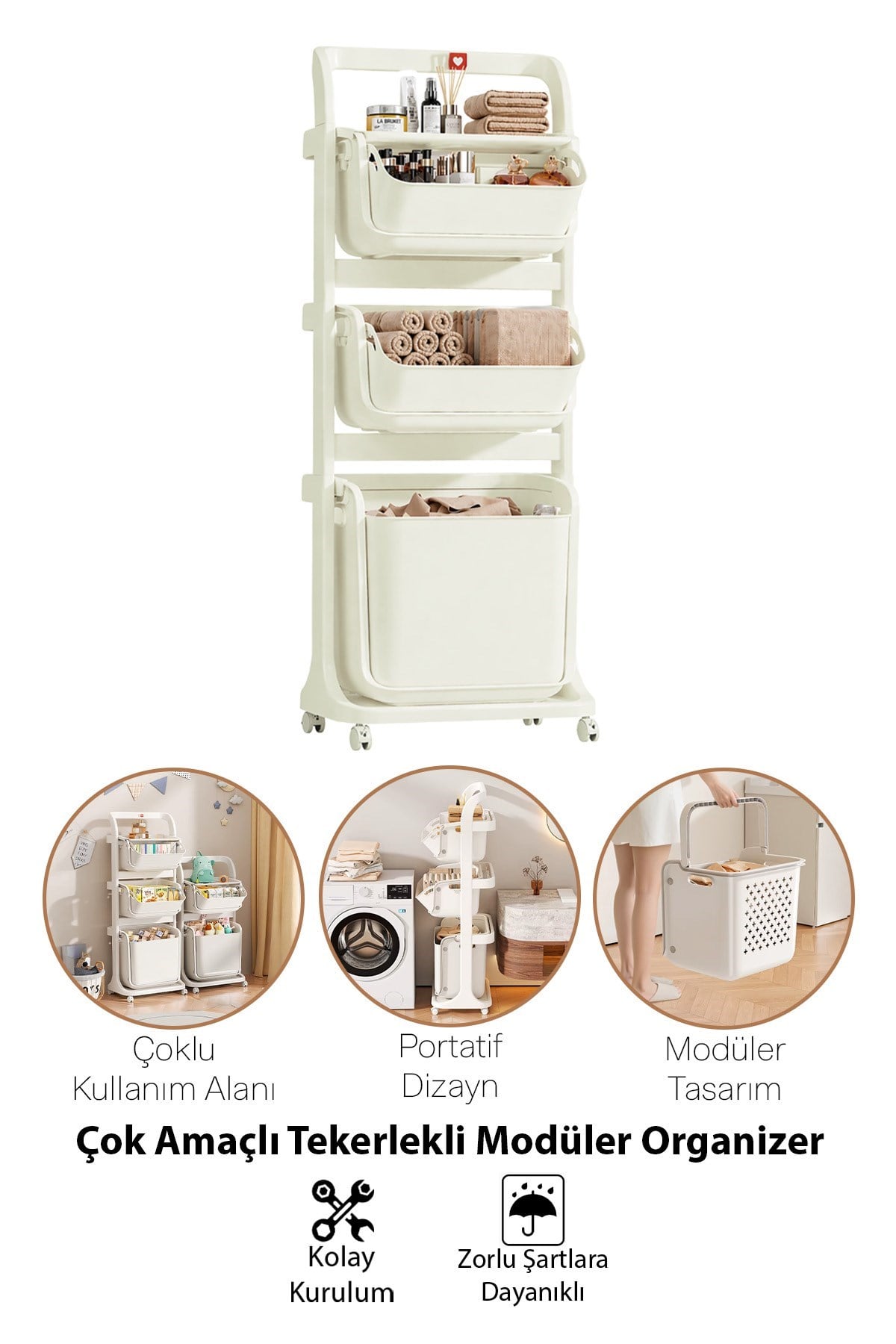 Banyo Mutfak Çocuk Odası Düzenleme Raf Çok Amaçlı Tekerlekli Modüler Organizer Sepet 
