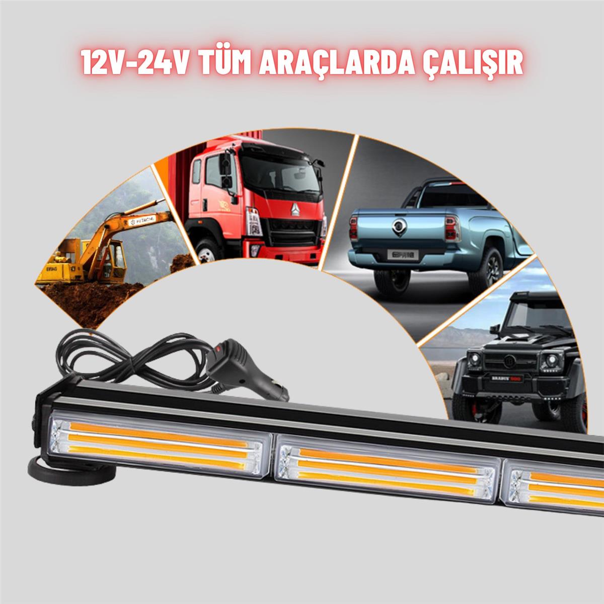 Çakarlı Tepe İkaz Lambası 90 Cm Mıknatıslı Turuncu Amber Çift Taraflı Led Bar 12 Mod 12-24 V