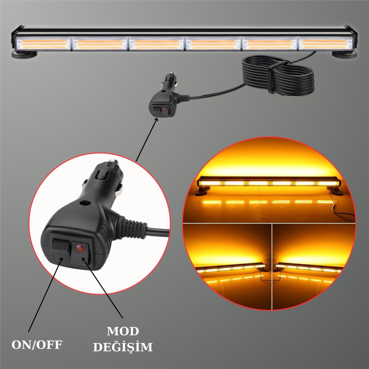 Çakarlı Tepe İkaz Lambası 90 Cm Mıknatıslı Turuncu Amber Çift Taraflı Led Bar 12 Mod 12-24 V