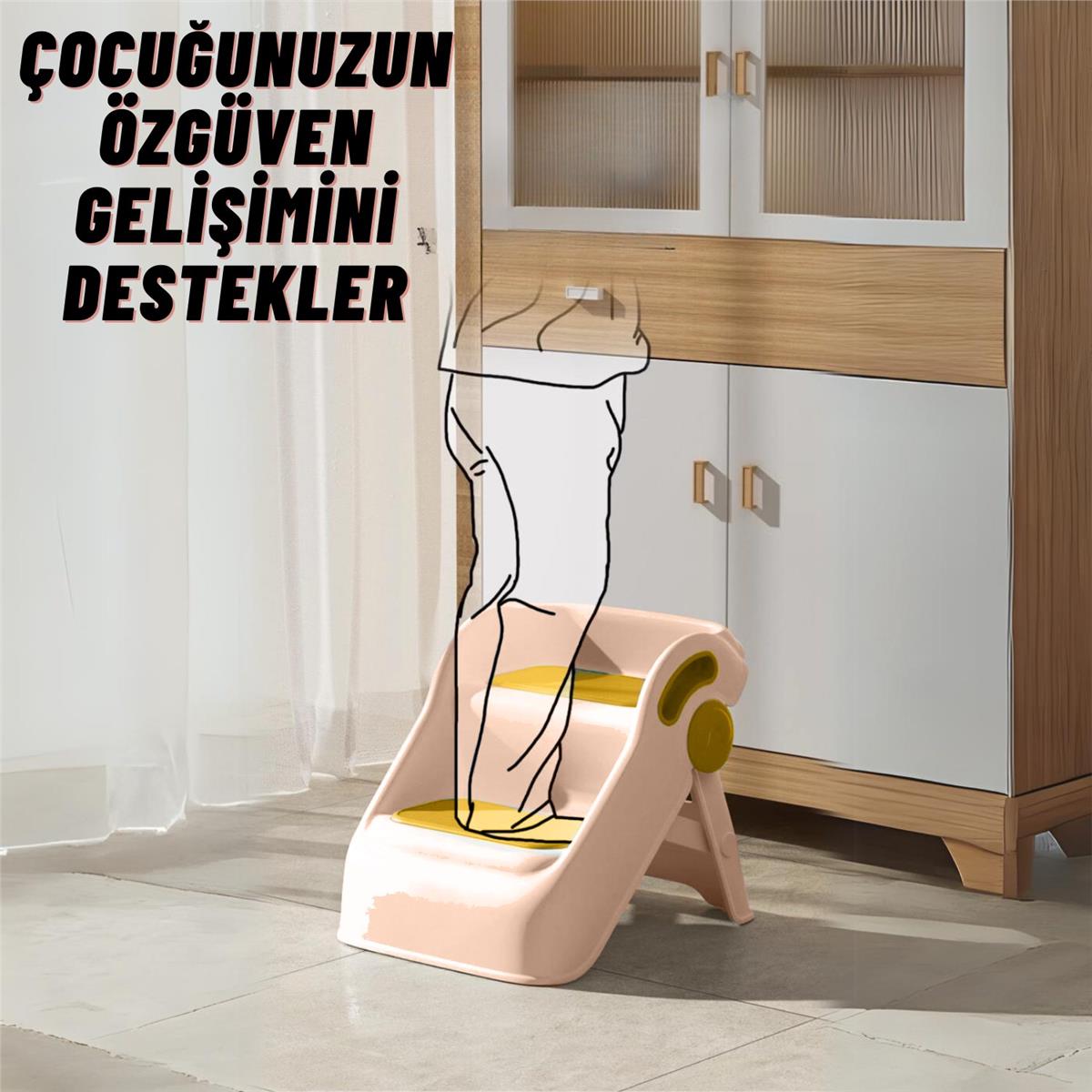 Çocuk Taburesi Katlanabilir Kaymaz İki Basamaklı Merdiven Çocuk Banyo Tuvalet Lavabo Yükseltici Pembe