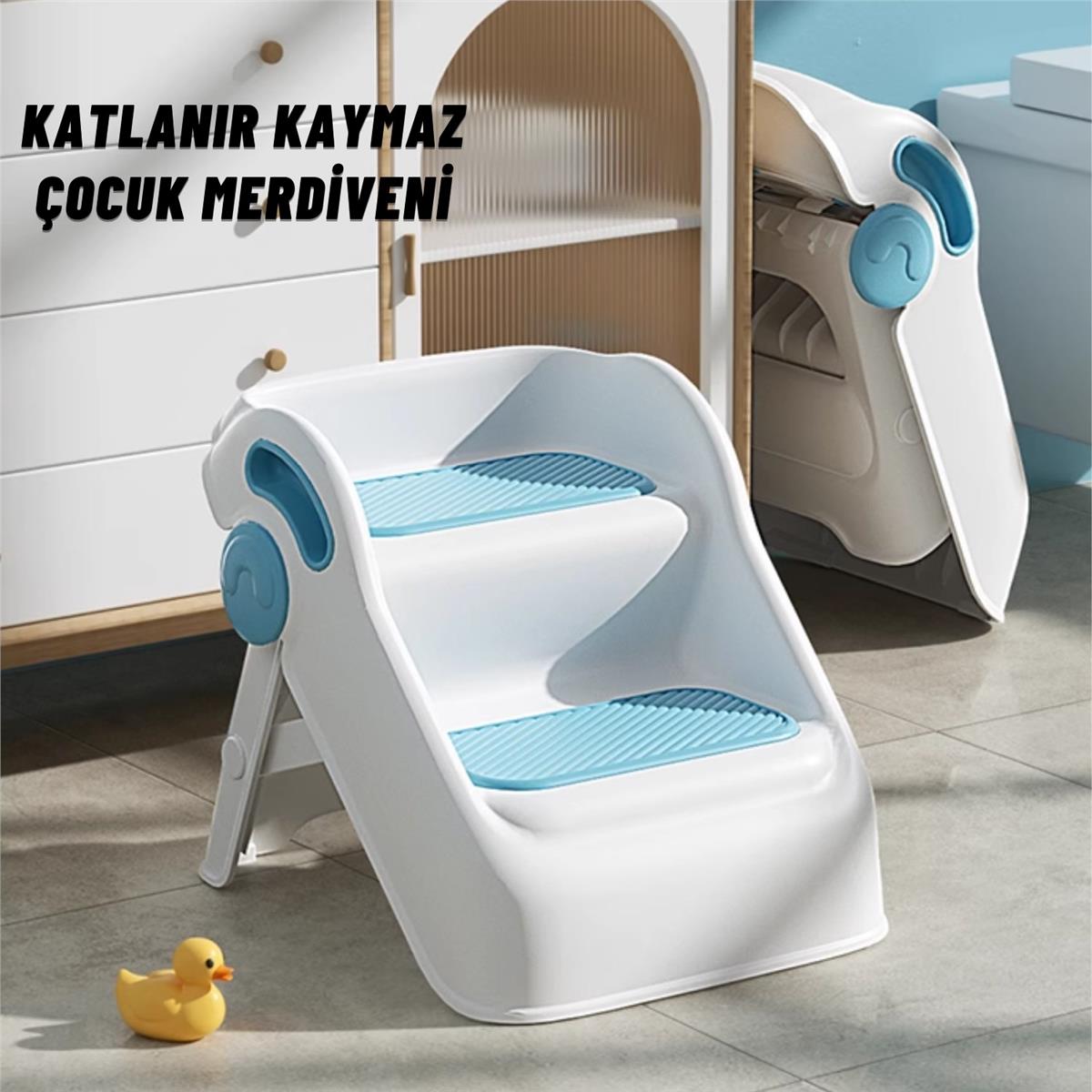 Çocuk Taburesi Katlanabilir Kaymaz İki Basamaklı Merdiven Çocuk Banyo Tuvalet Lavabo Yükseltici Mavi