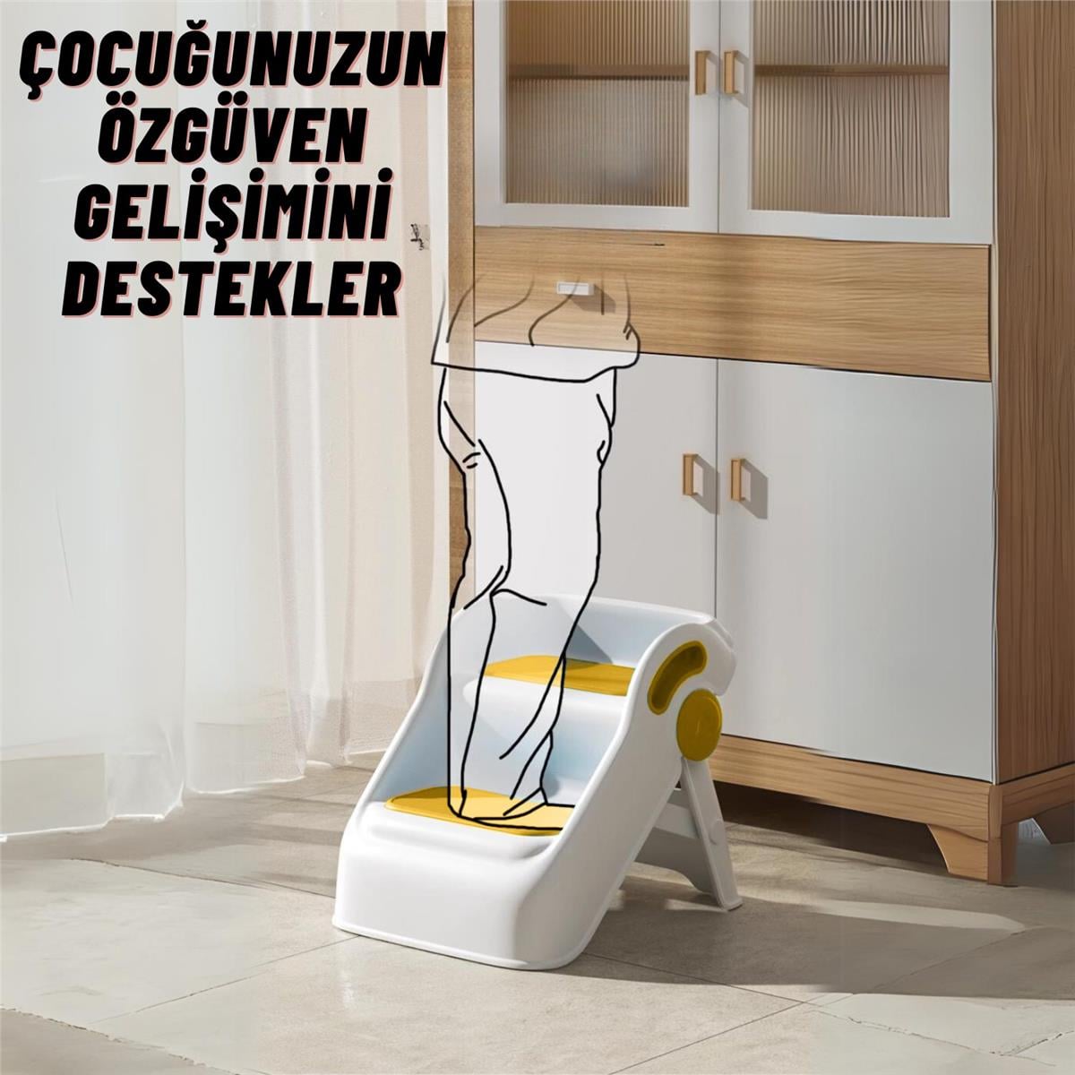 Çocuk Taburesi Katlanabilir Kaymaz İki Basamaklı Merdiven Çocuk Banyo Tuvalet Lavabo Yükseltici Sarı
