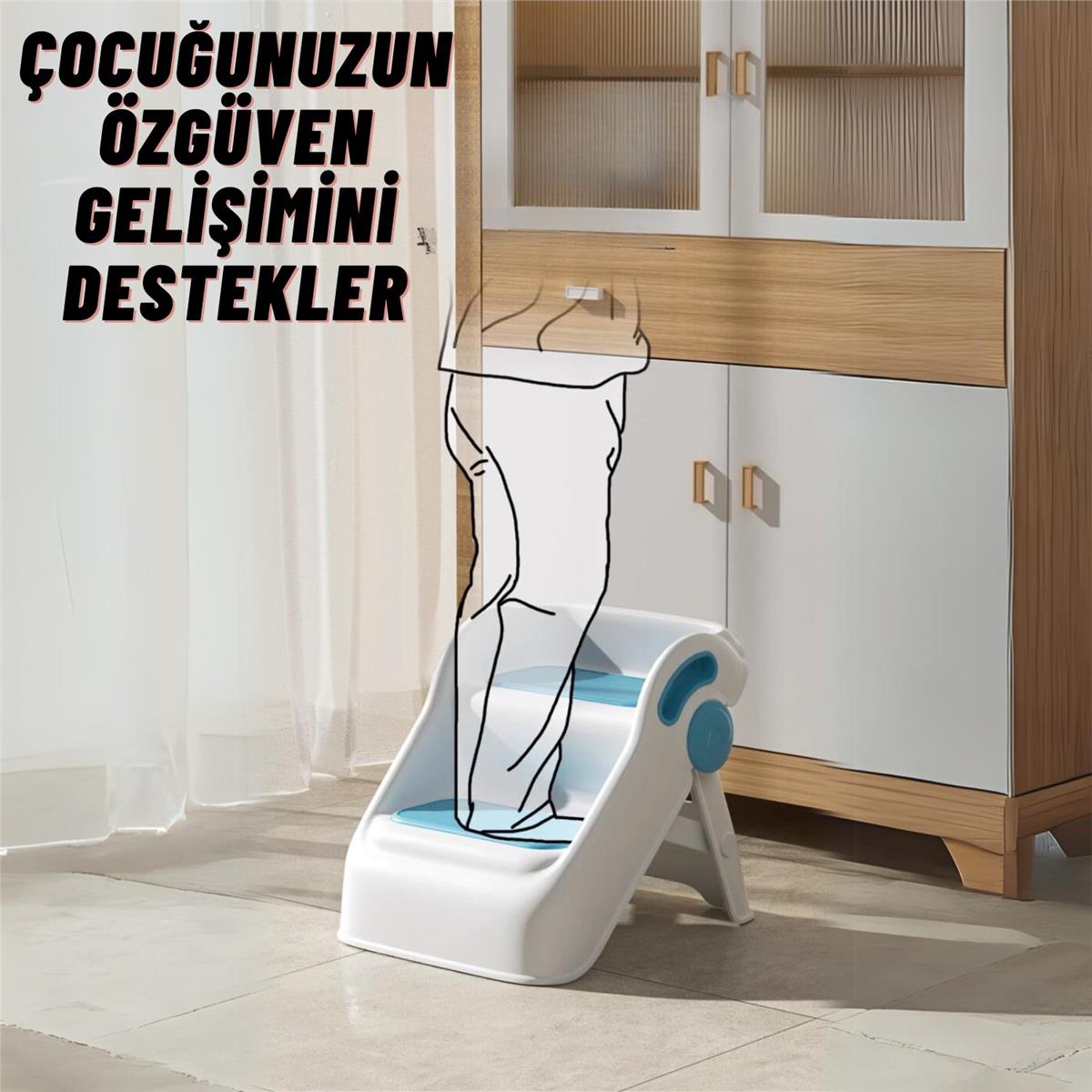 Çocuk Taburesi Katlanabilir Kaymaz İki Basamaklı Merdiven Çocuk Banyo Tuvalet Lavabo Yükseltici Mavi