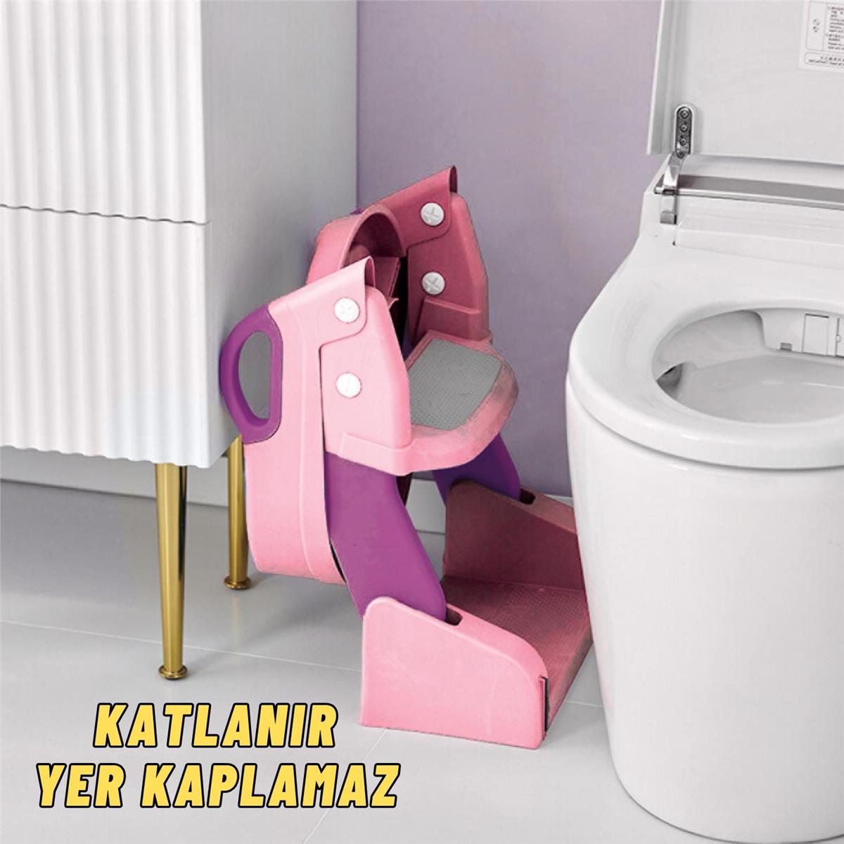 Çocuk Tuvalet Eğitimi Katlanır Klozet Adaptörü Ve Lazımlık Merdivenli Tuvalet Eğitici PEMBE