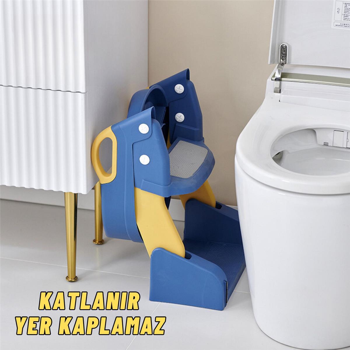 Çocuk Tuvalet Eğitimi Katlanır Klozet Adaptörü Ve Lazımlık Merdivenli Tuvalet Eğitici MAVİ