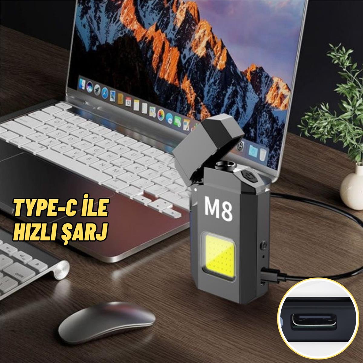 Çok Amaçlı Şarjlı Kamp Piknik LED El Feneri & Elektrikli Rüzgar Çakmak Usb Şarjlı