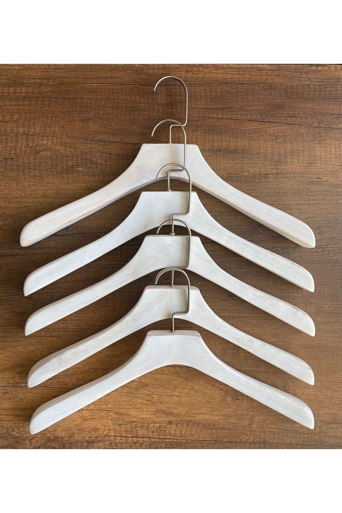 Erkek Ahşap Ceket Askı 43 Cm Eskitme Beyaz Naturel Askı 5 Adet