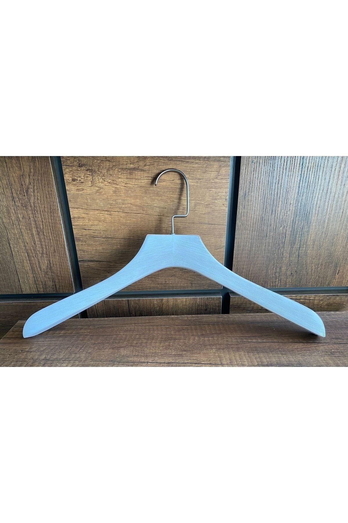 Erkek Ahşap Ceket Askı 43 Cm Eskitme Beyaz Naturel Askı 5 Adet
