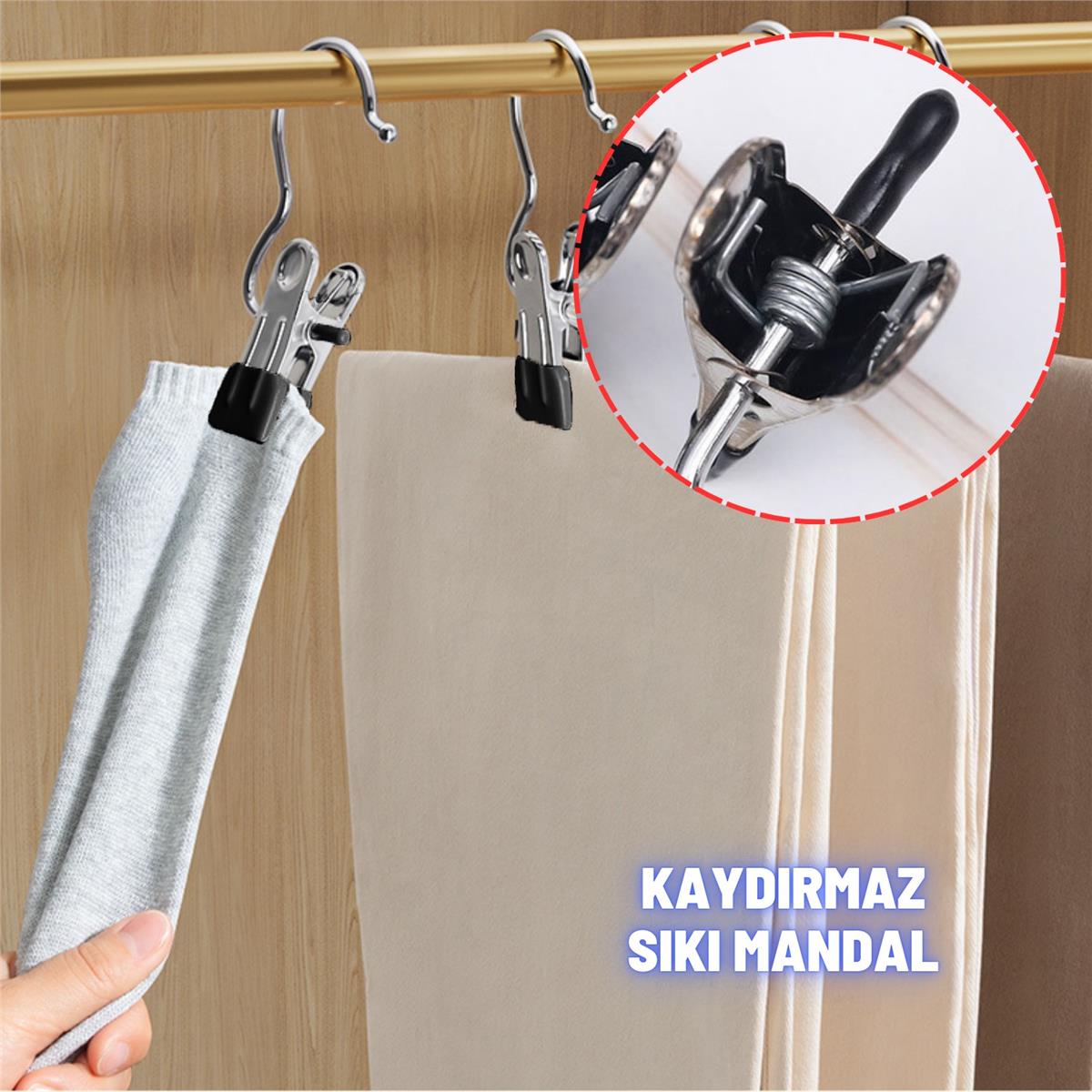 Etek Pantolon Eşarp Askısı Hareketli Mandal Paslanmaz Metal Mağaza ve Ev Tipi Elbise Askısı 10 Adet