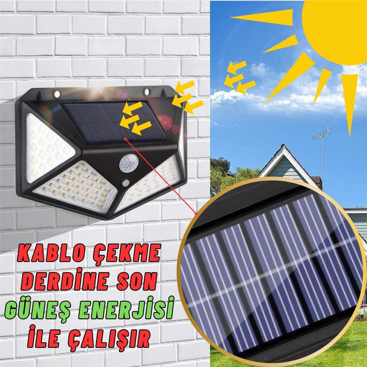 Güneş Enerjili Bahçe Aydınlatma Lambası Villa Balkon Garaj Kapısı Aplik Solar 100 Led Lamba