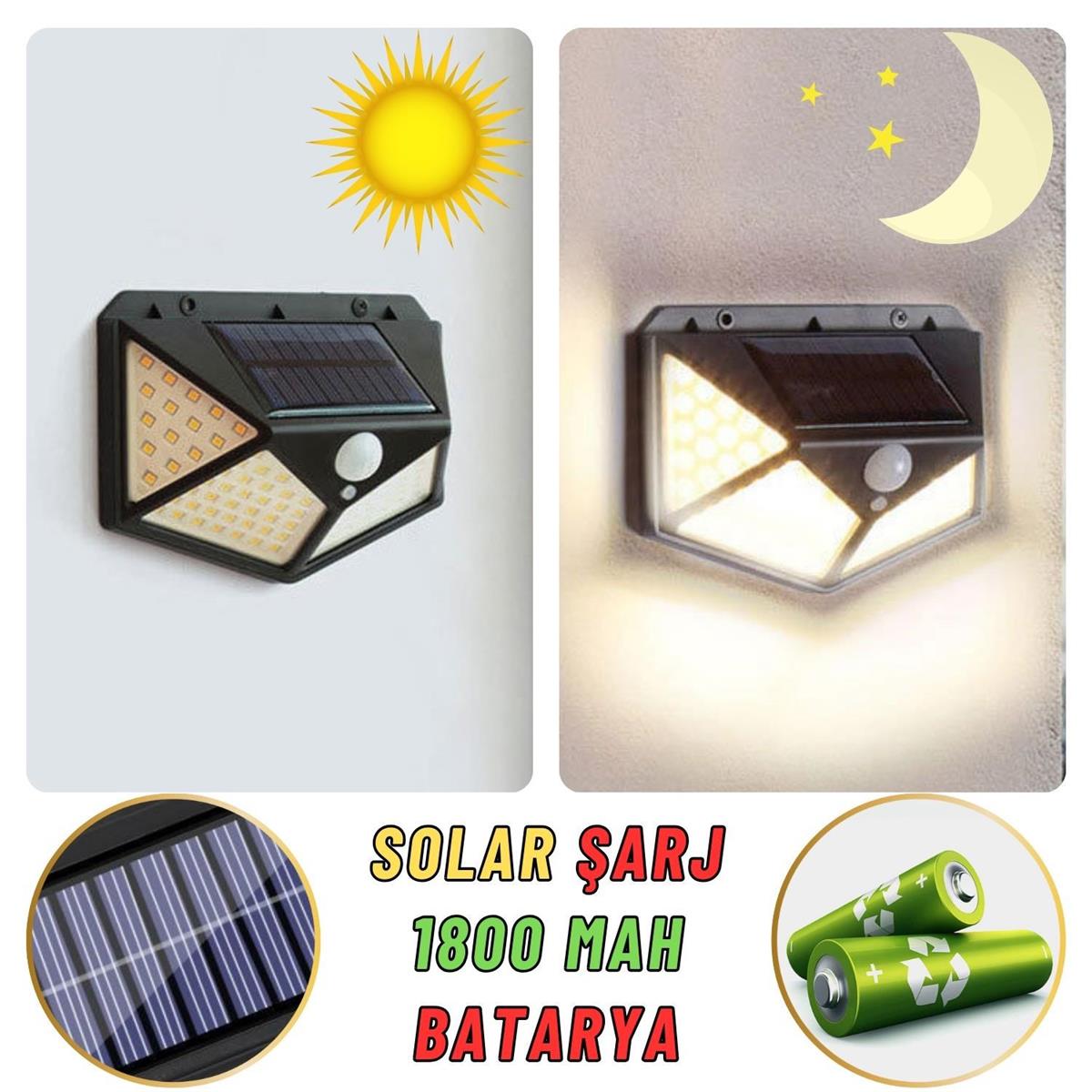 Güneş Enerjili Bahçe Aydınlatma Lambası Villa Balkon Garaj Kapısı Aplik Solar 100 Led Lamba