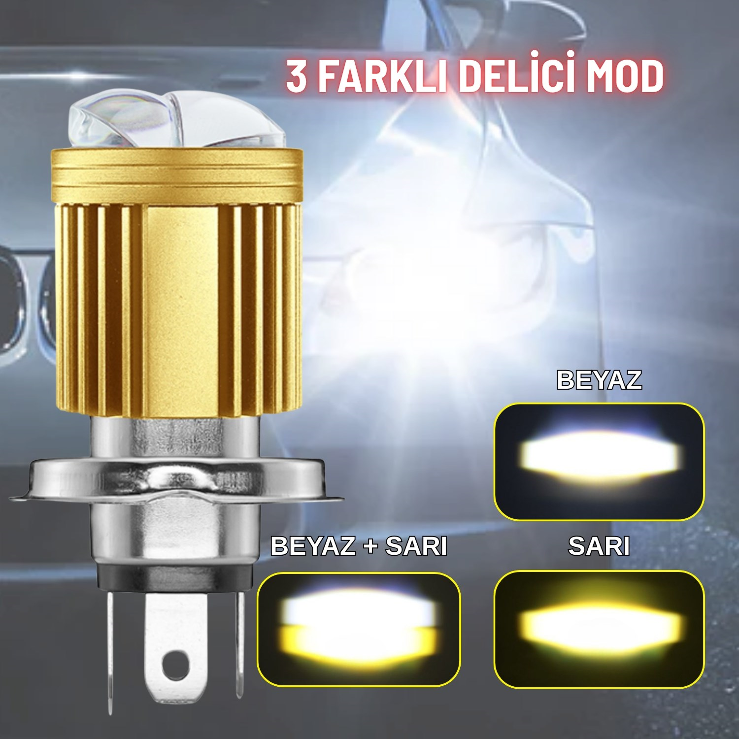 H4 Mercekli LED Ampul Delici 12-24V Beyaz  Amber Sarı Far Lambası Metal Gövde 1 ADET 15W 1500LM
