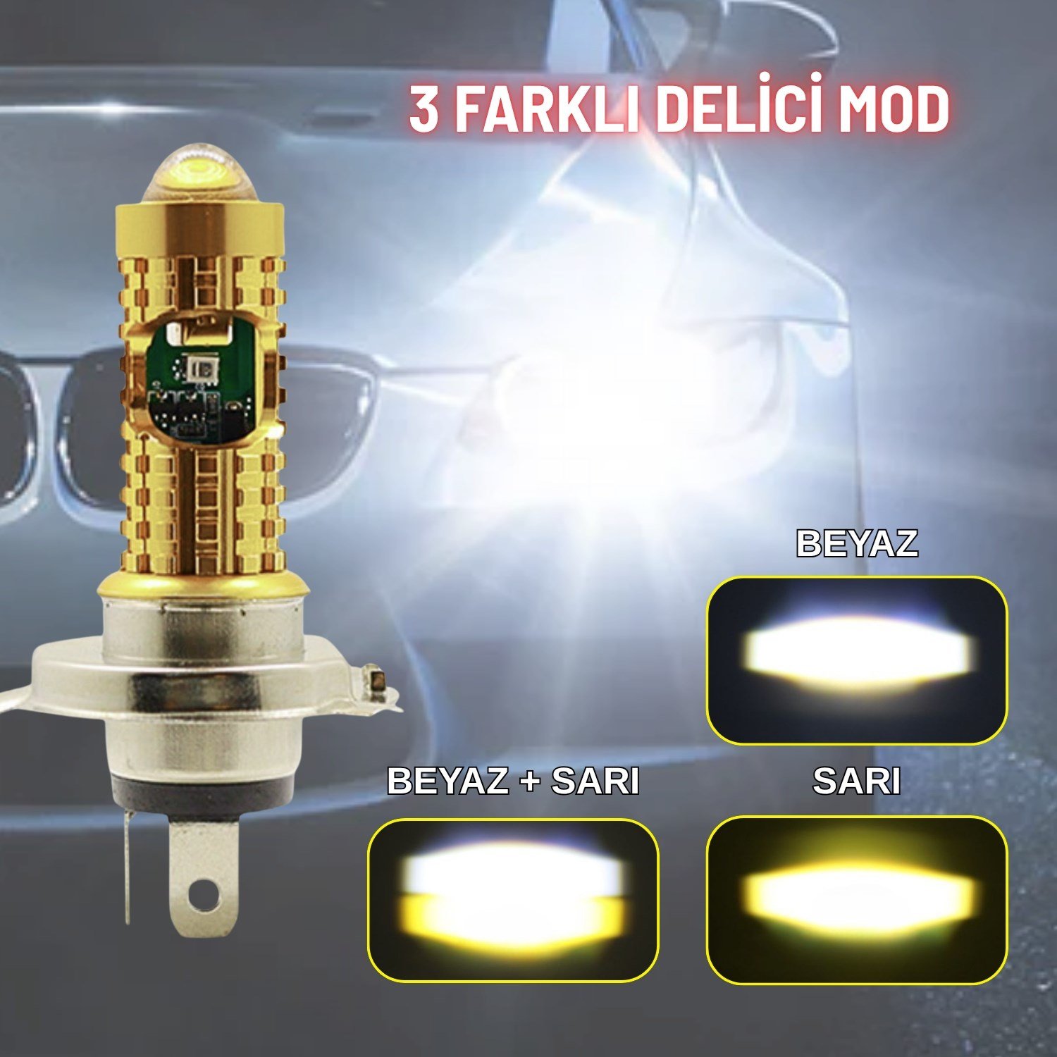 H4 Mercekli LED Ampul Delici LED Işık 12-24V Beyaz + Amber Sarı Uzun Kısa Far Lambası 10W/800LM