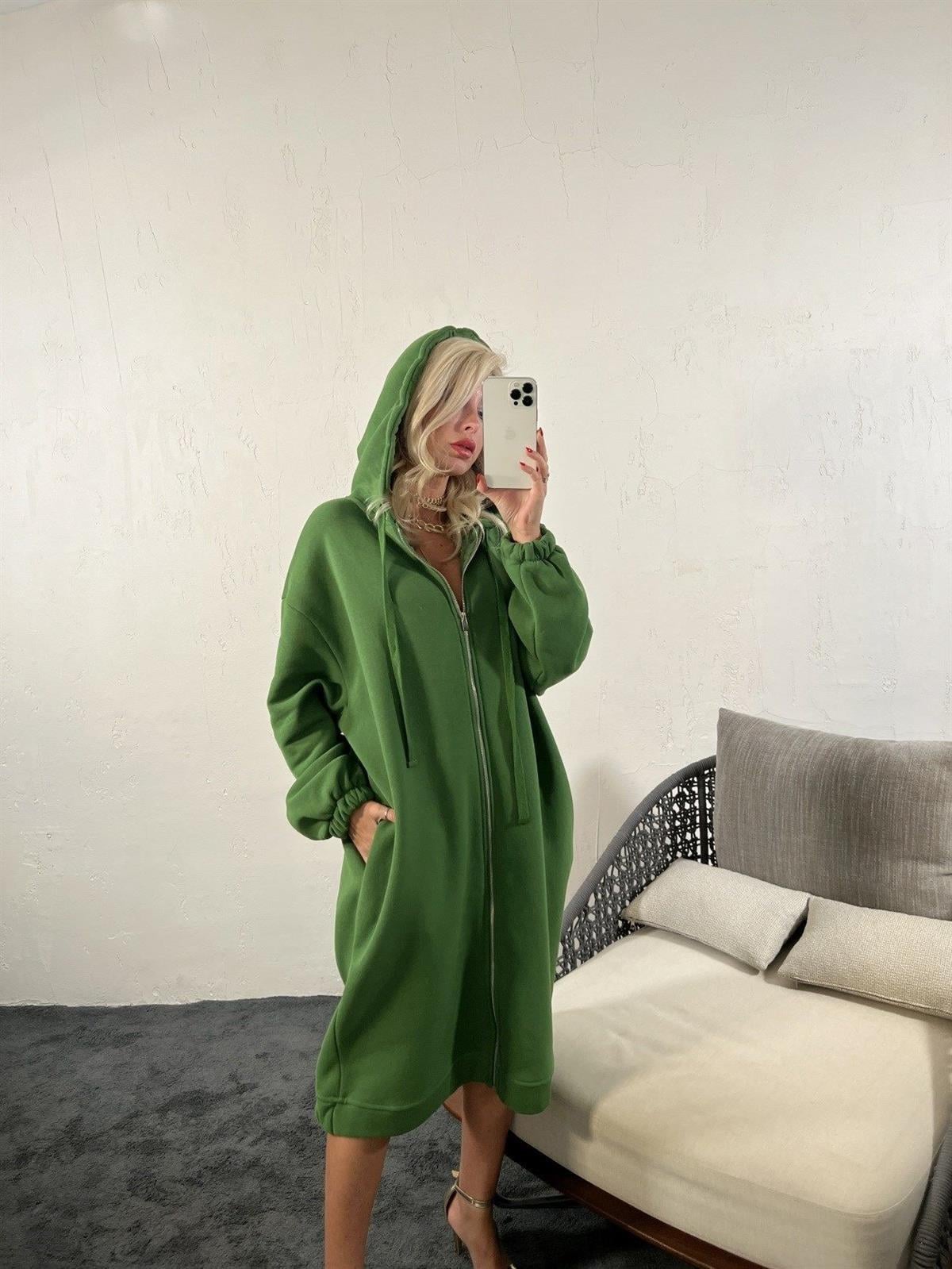 Kadın Fermuarlı Kapüşonlu Uzun Oversize Sweatshirt YEŞİL