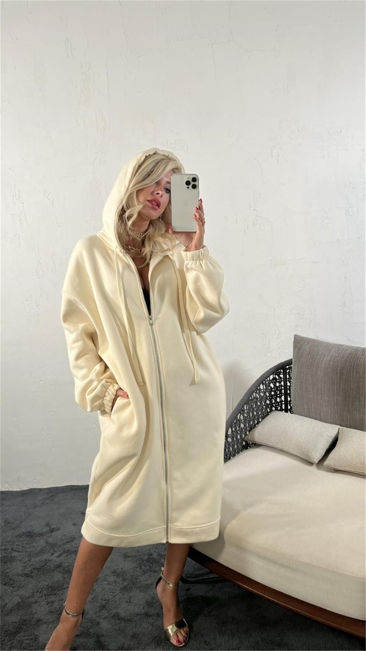 Kadın Fermuarlı Kapüşonlu Uzun Oversize Sweatshirt KREM