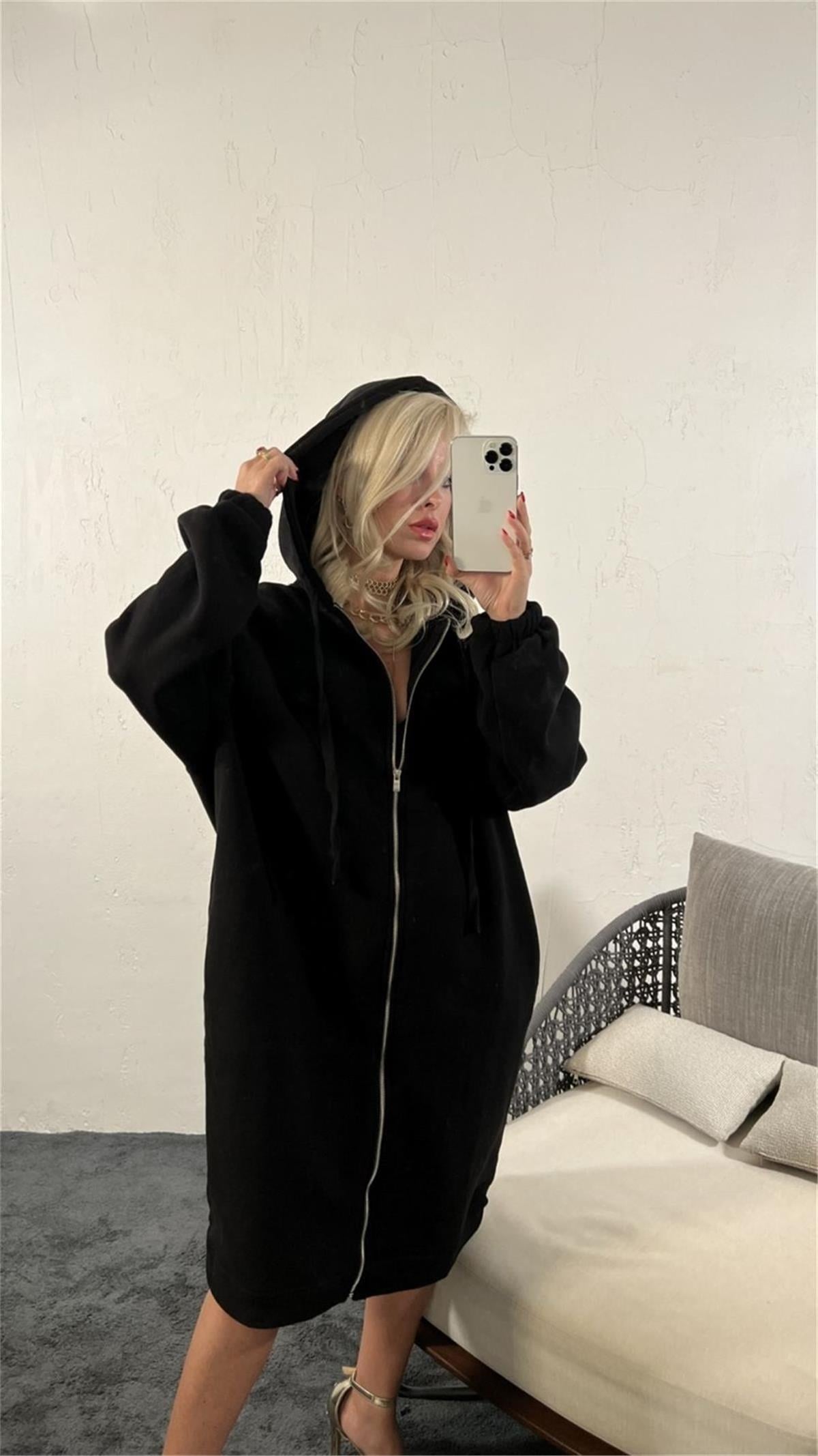 Kadın Fermuarlı Kapüşonlu Uzun Oversize Sweatshirt SİYAH