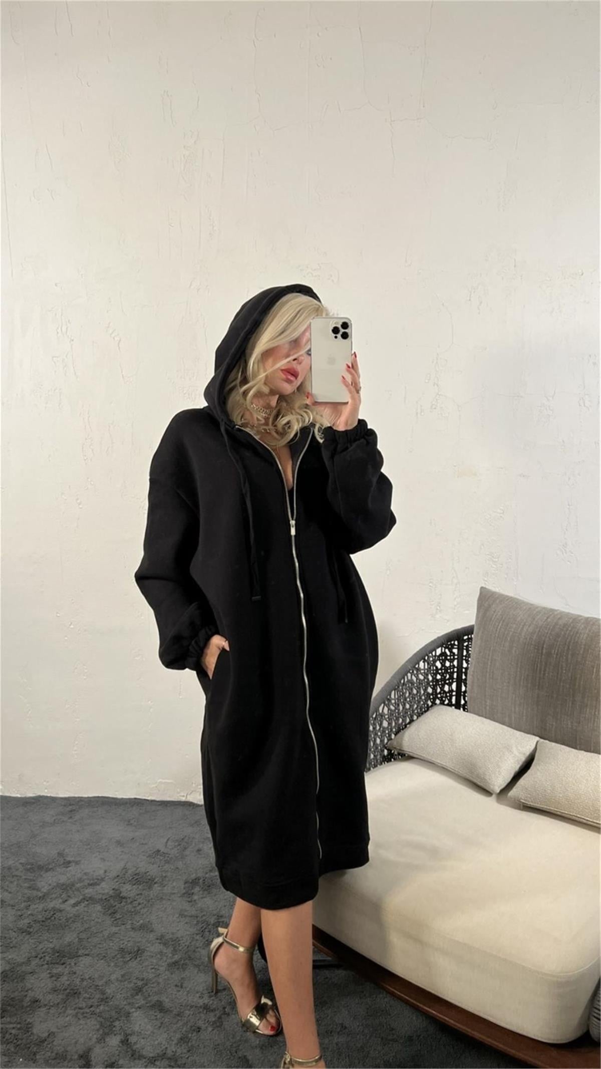 Kadın Fermuarlı Kapüşonlu Uzun Oversize Sweatshirt SİYAH