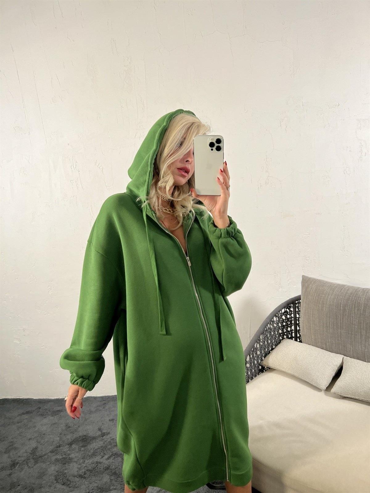 Kadın Fermuarlı Kapüşonlu Uzun Oversize Sweatshirt YEŞİL