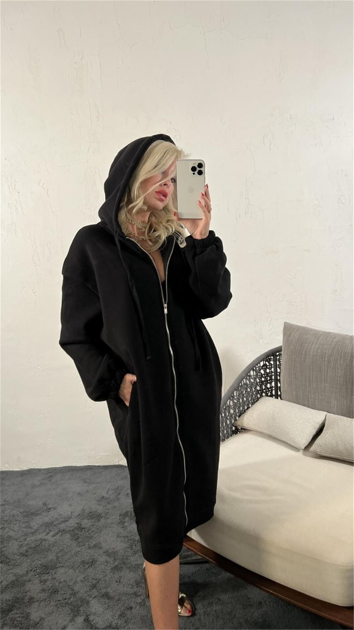 Kadın Fermuarlı Kapüşonlu Uzun Oversize Sweatshirt SİYAH