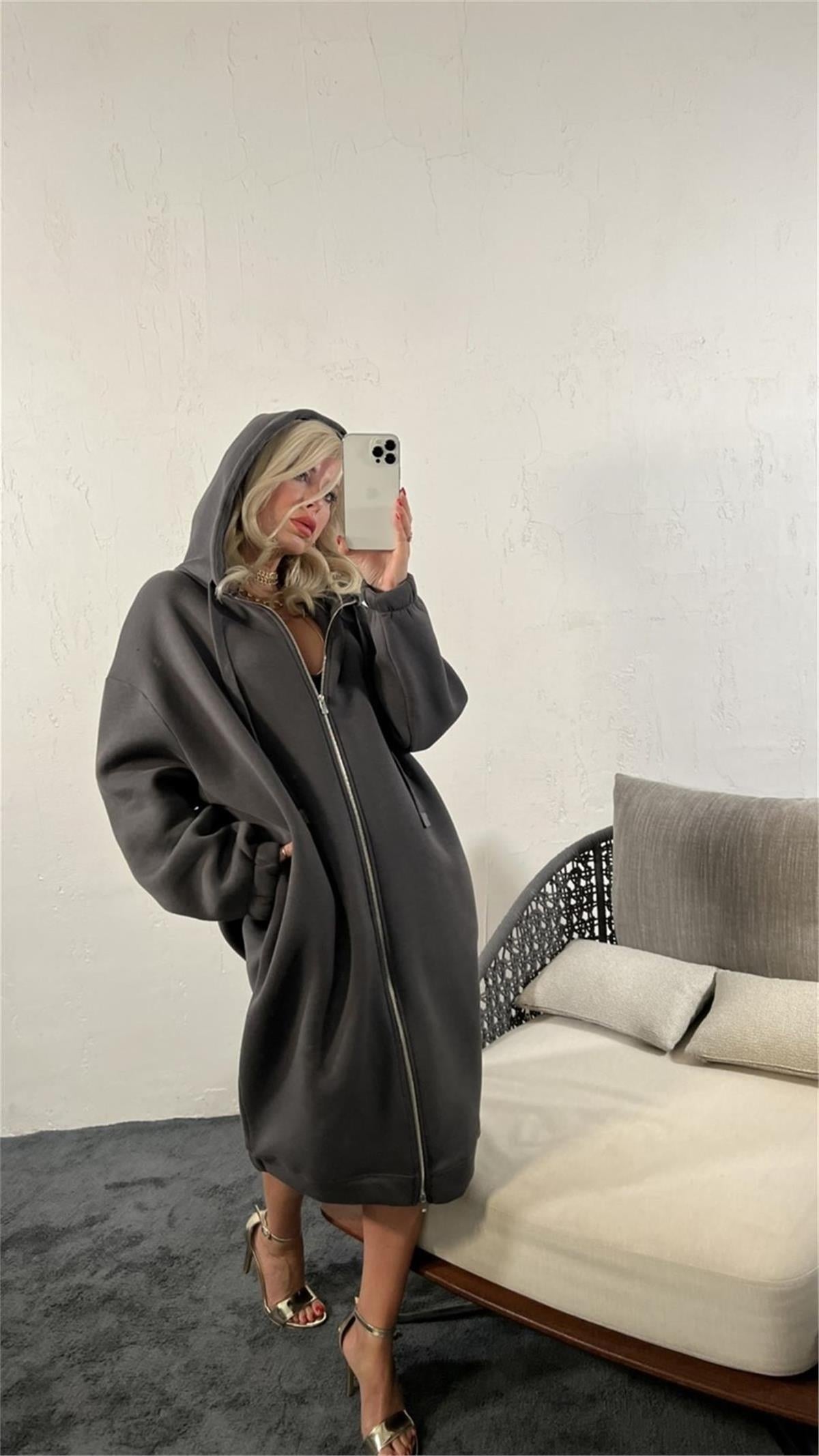 Kadın Fermuarlı Kapüşonlu Uzun Oversize Sweatshirt FÜME