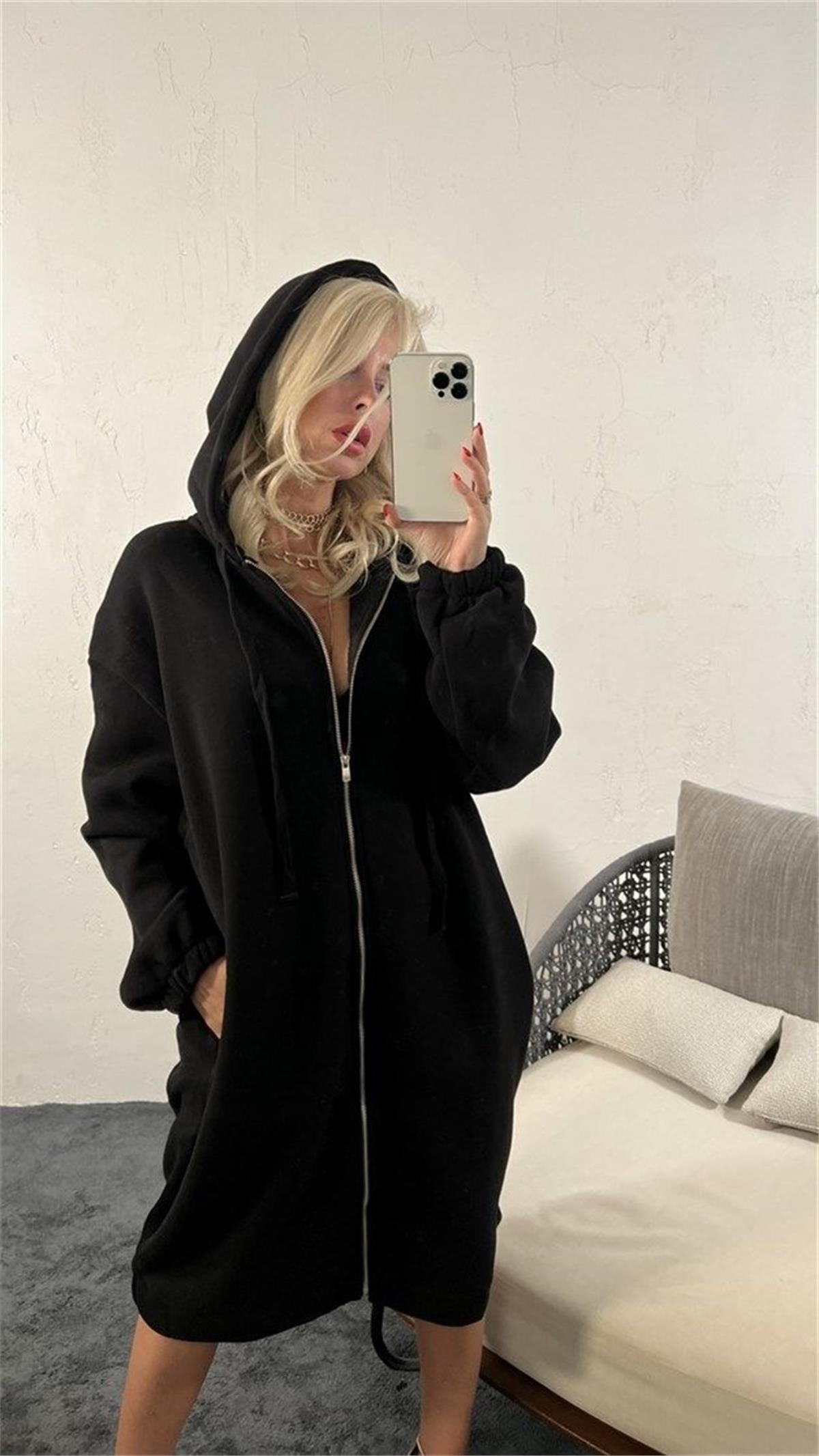 Kadın Fermuarlı Kapüşonlu Uzun Oversize Sweatshirt SİYAH