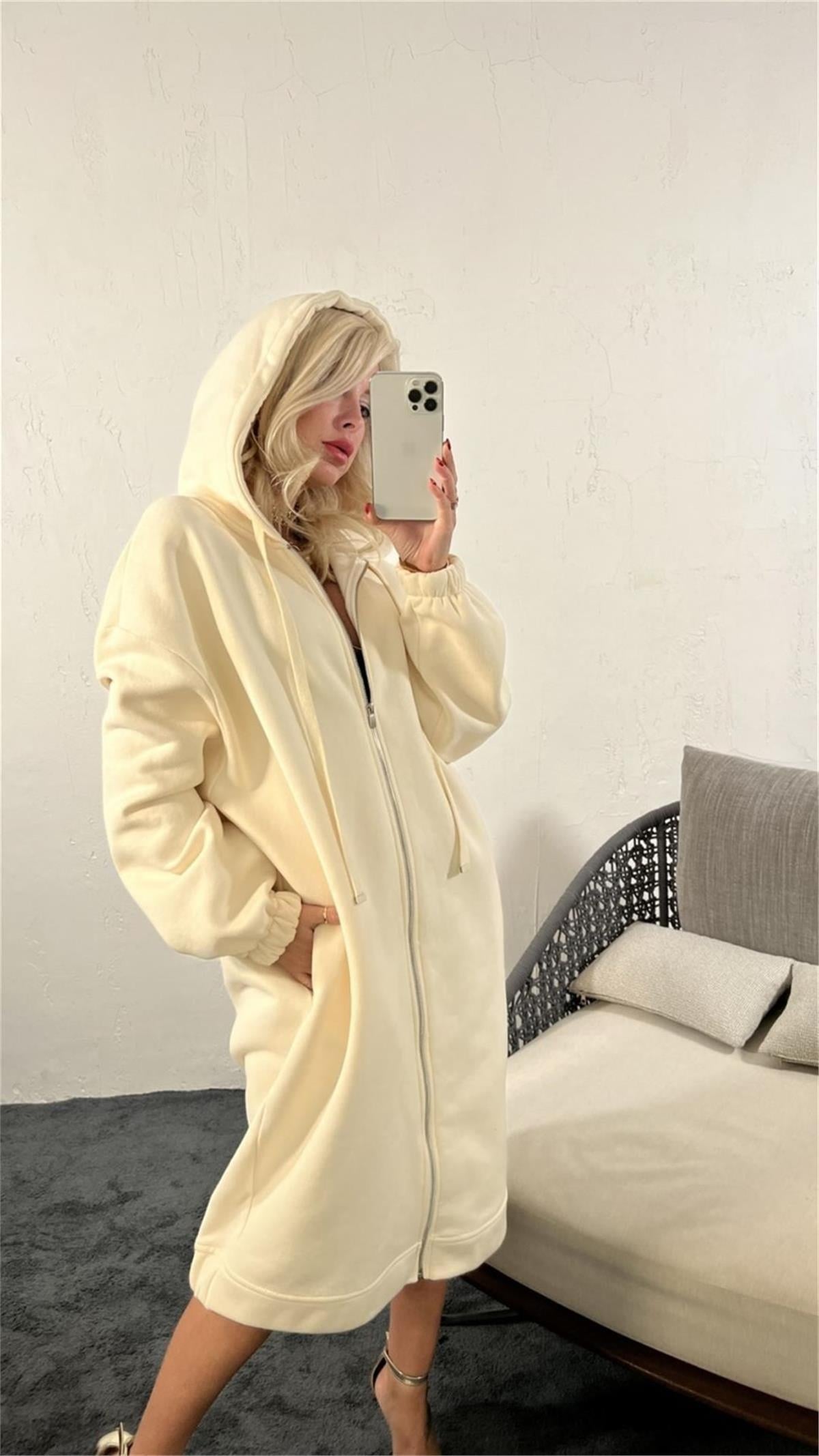 Kadın Fermuarlı Kapüşonlu Uzun Oversize Sweatshirt KREM