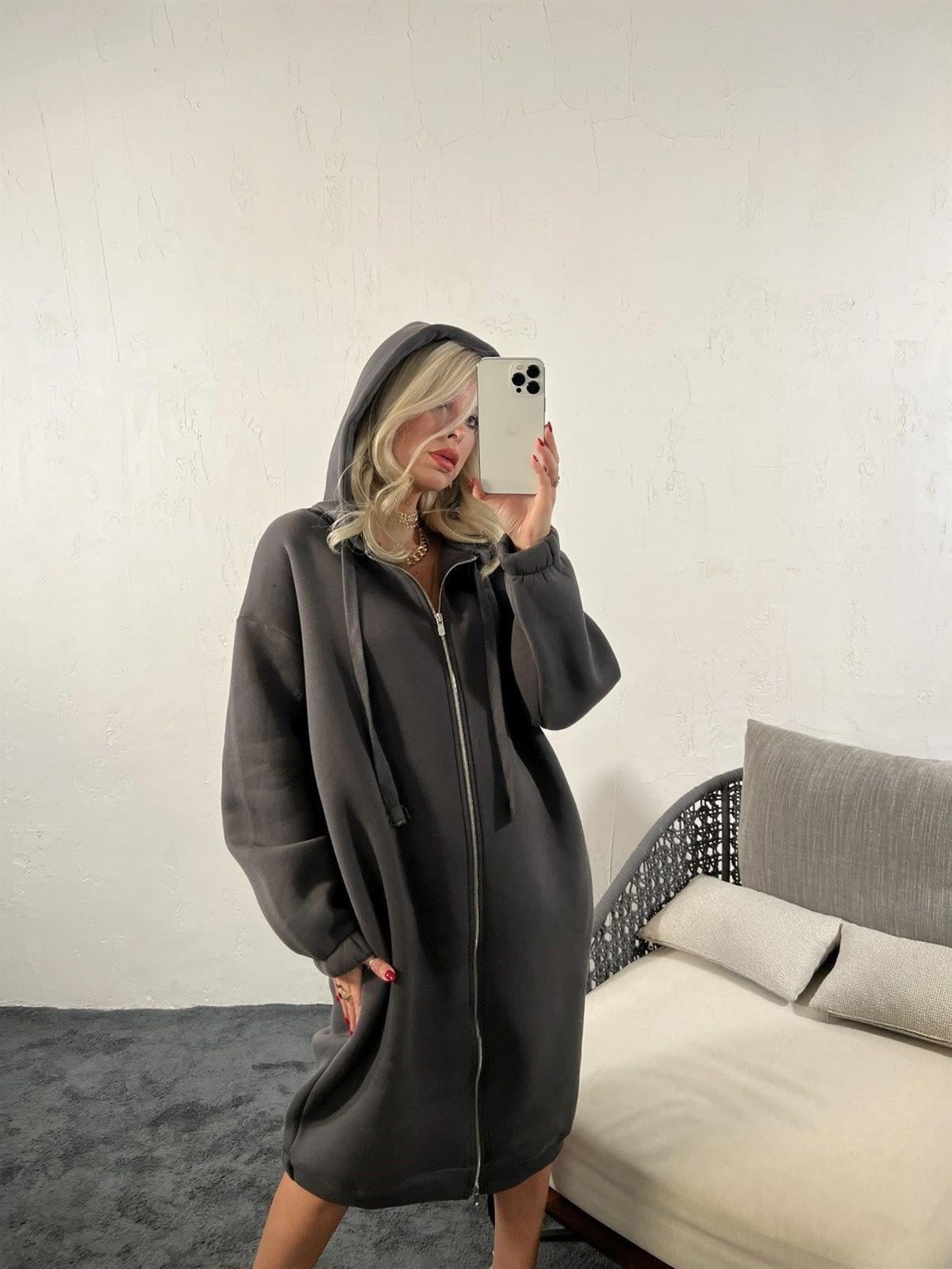 Kadın Fermuarlı Kapüşonlu Uzun Oversize Sweatshirt FÜME