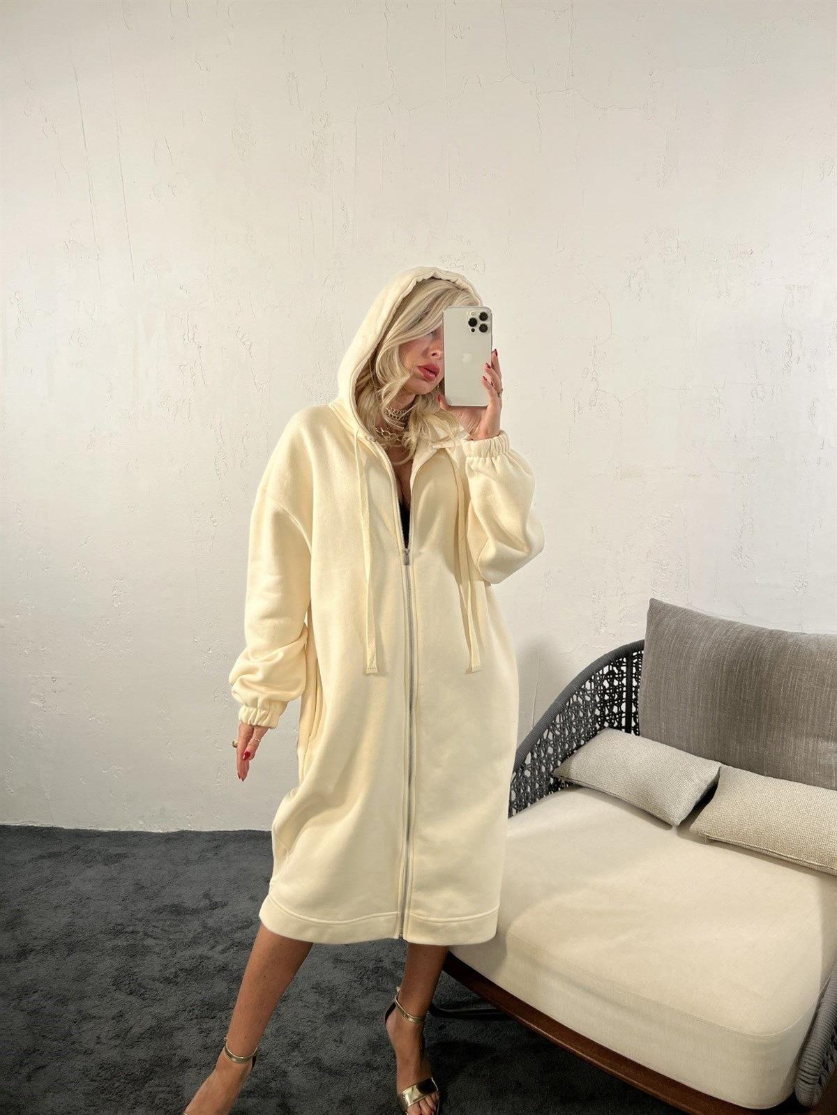 Kadın Fermuarlı Kapüşonlu Uzun Oversize Sweatshirt KREM